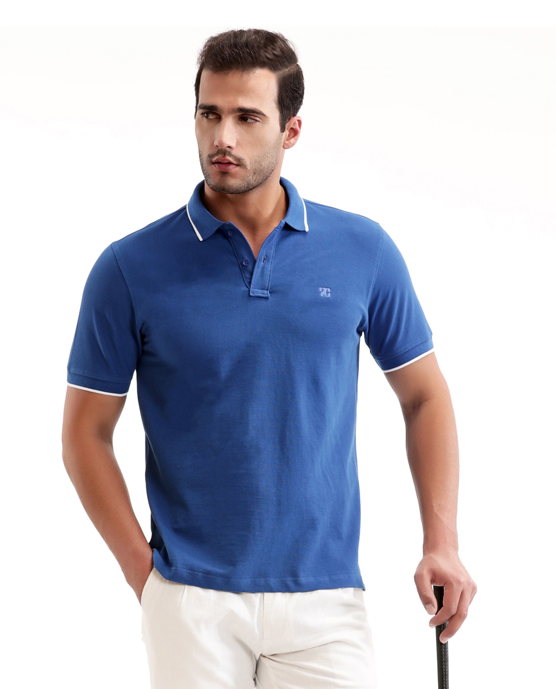 Imperial Prussian Blue Pique Polo with White Collar Piping, Tone-on-Tone 7C Embroidery