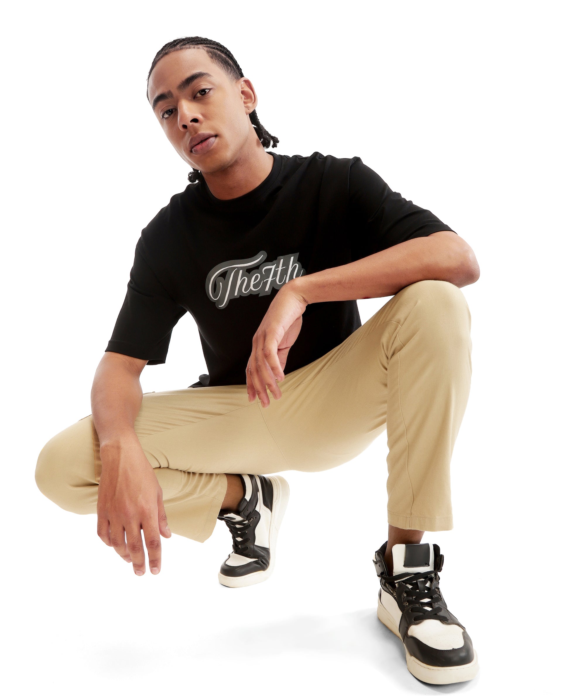 Charcoal Black Single Jersey Crew Neck Oversized T-Shirt with Charcoal Grey Print & Pure White 7C Embroidery