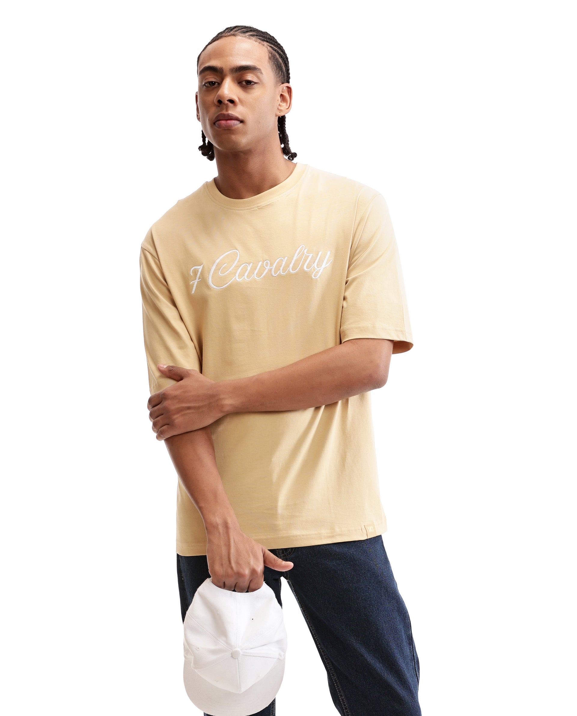 Camel Beige Single Jersey Crew Neck Oversized T-Shirt with Pure White Embroidery