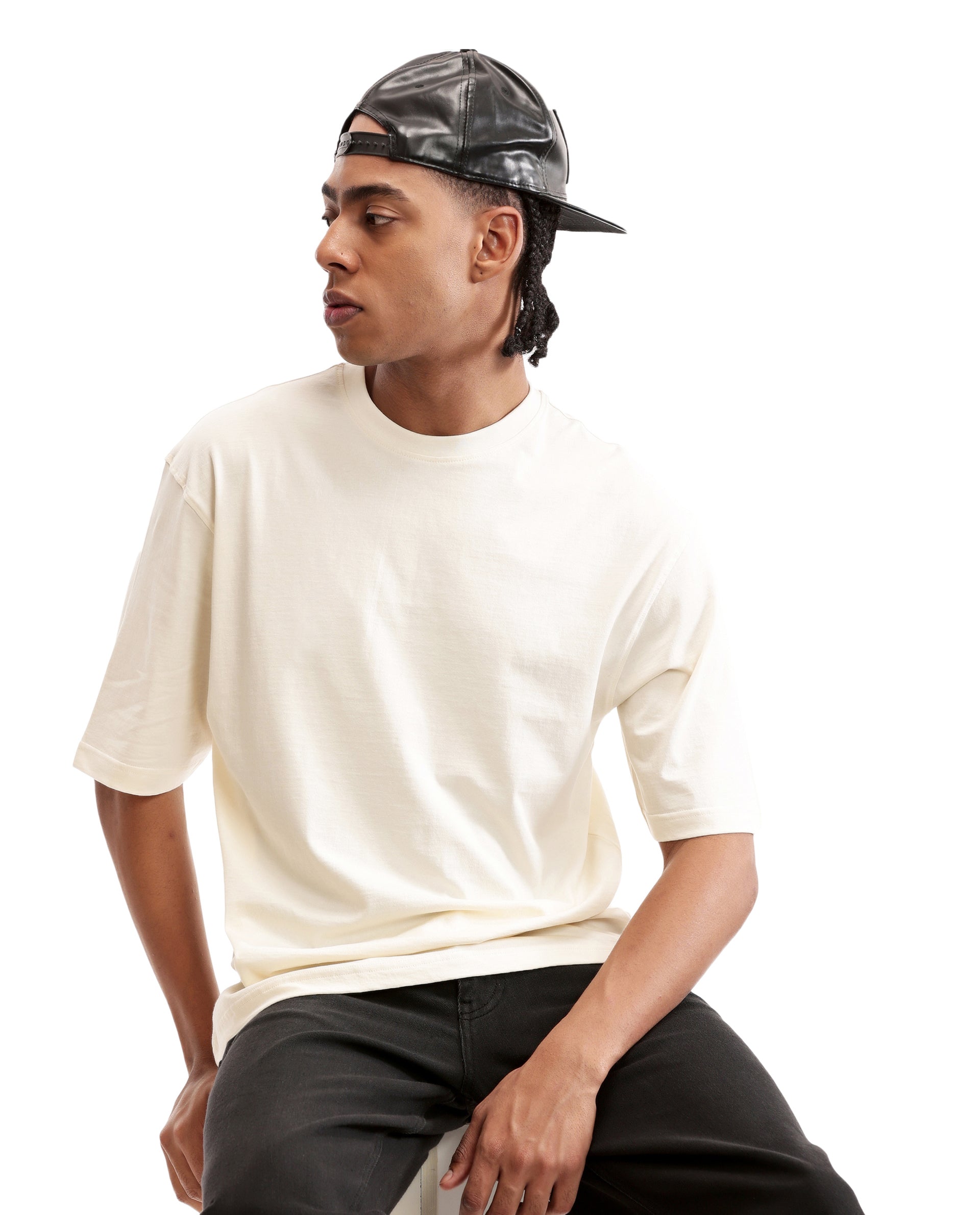 Ivory White Single Jersey Crew Neck Oversized T-Shirt