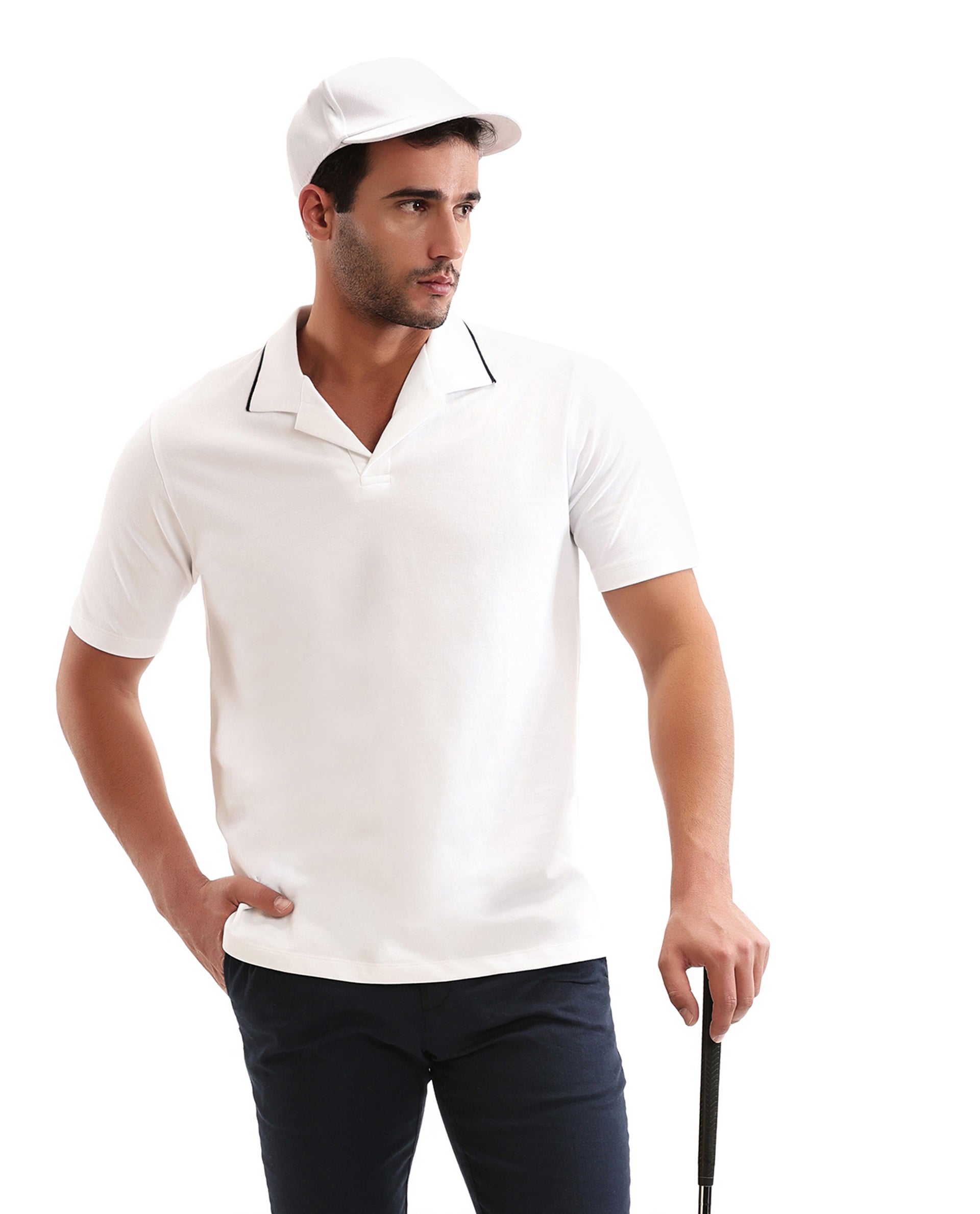 Pure White Johnny Collar Pique Polo with Midnight Navy Blue Collar Piping
