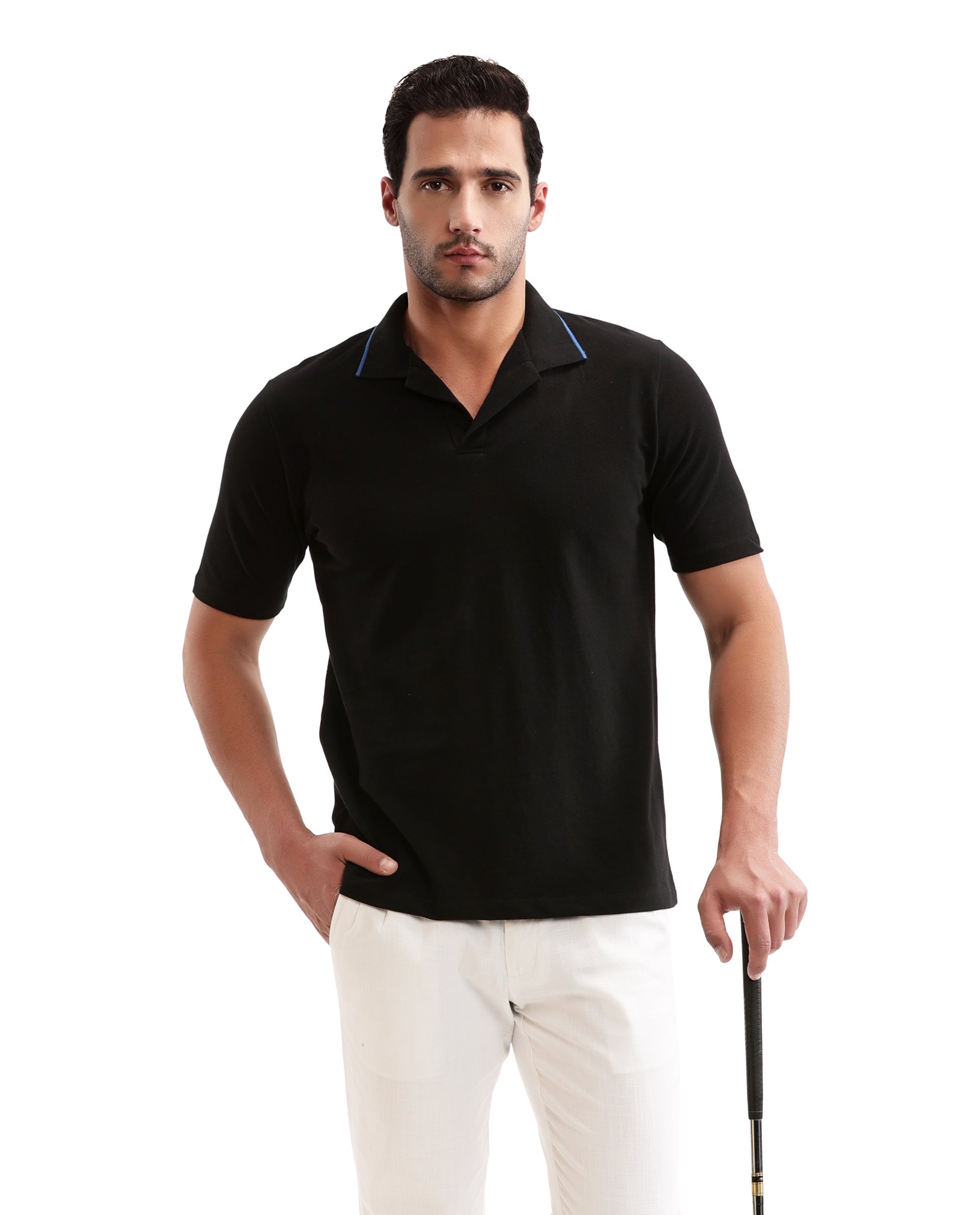 Charcoal Black Johnny Collar Pique Polo with Prussian Blue Collar Piping