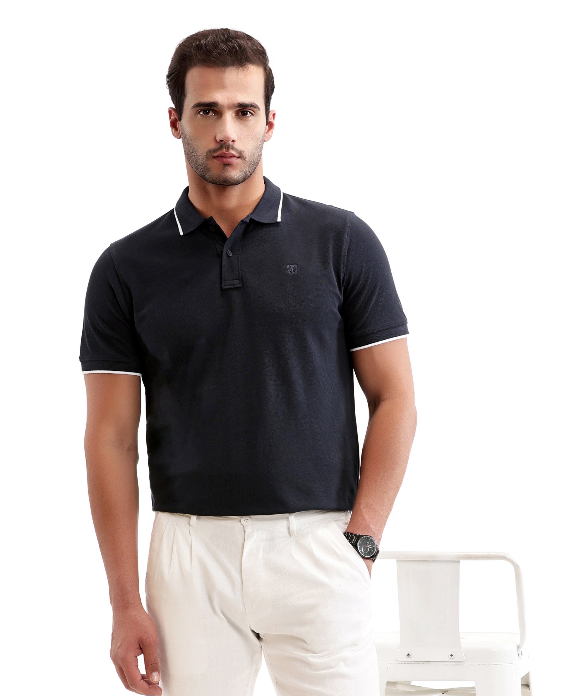 Midnight Navy Blue Pique Polo with White Collar Piping, Tone-on-Tone 7C Embroidery