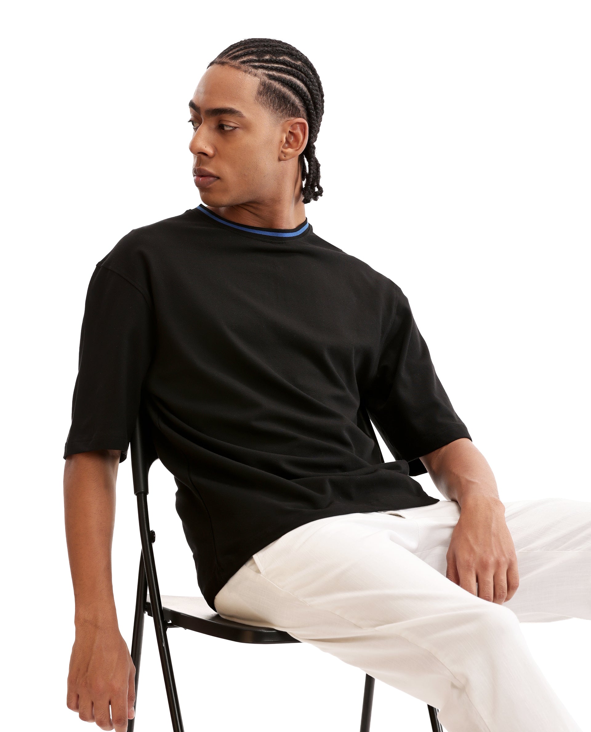Charcoal Black Pique Crew Neck Oversized T-Shirt with Imperial Prussian Blue Piping