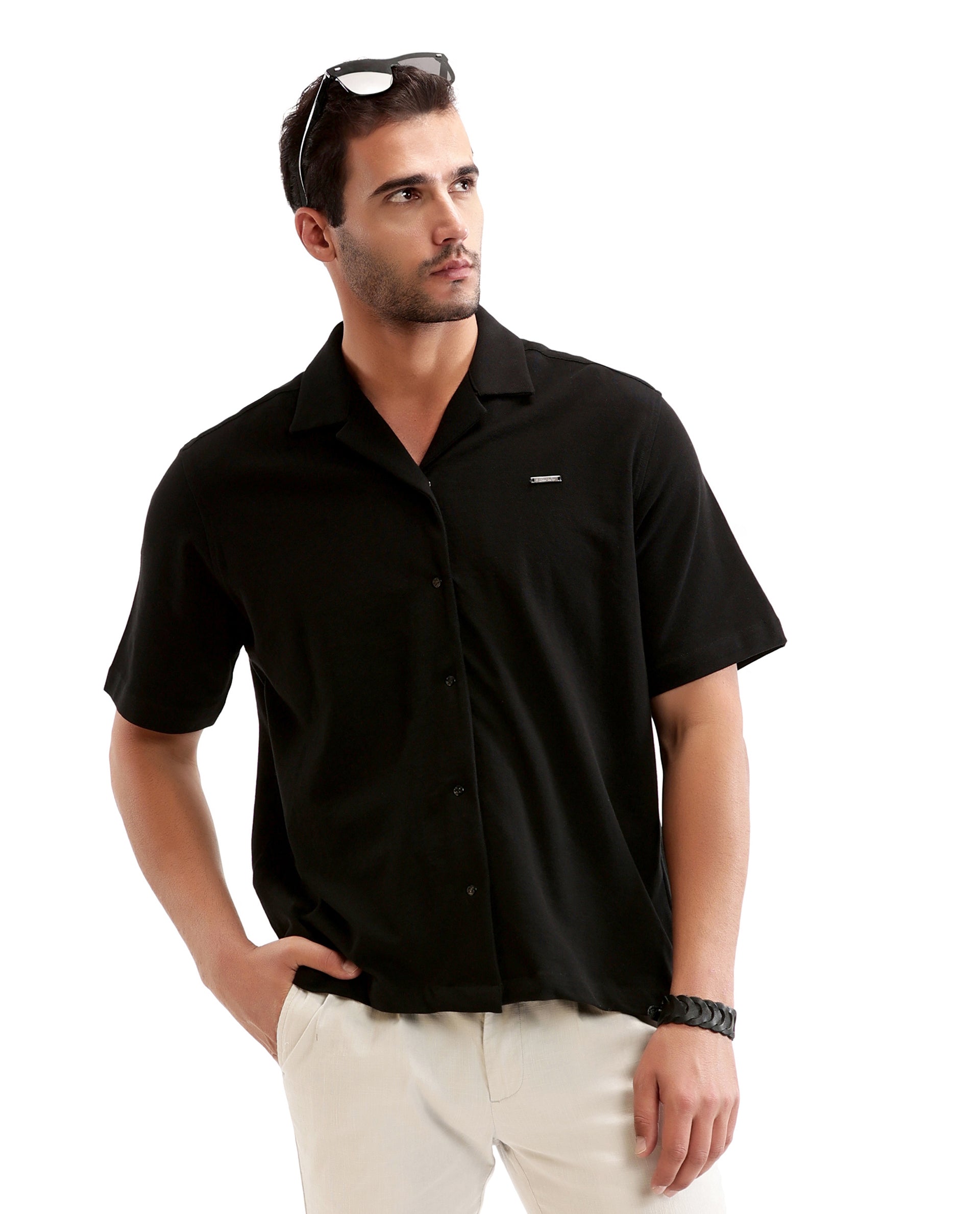 Charcoal Black Pique Knit Shirt with 7C Engraved Snap Buttons, Gun Metal Badge