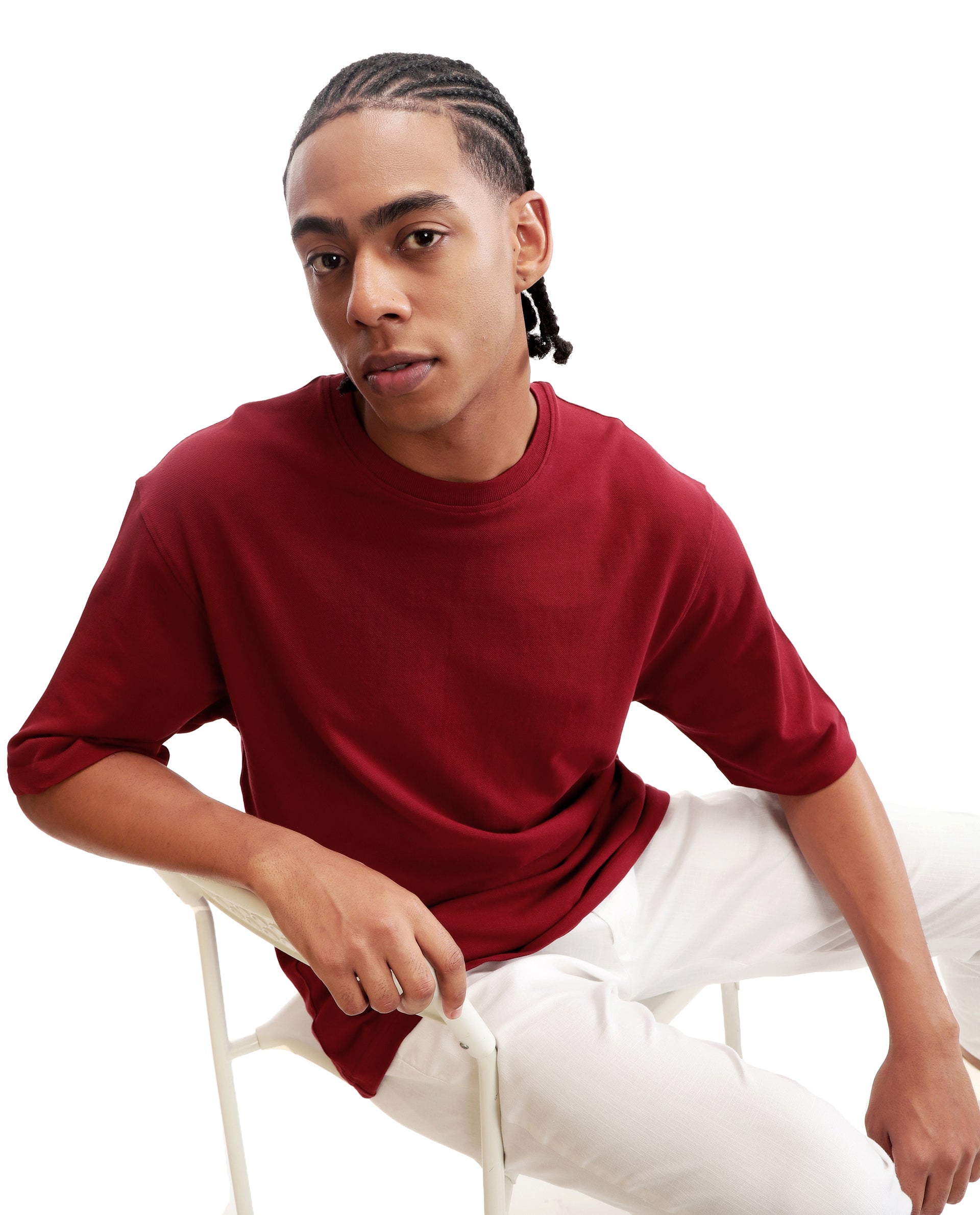 Bordeaux Maroon Pique Crew Neck Oversized T-Shirt