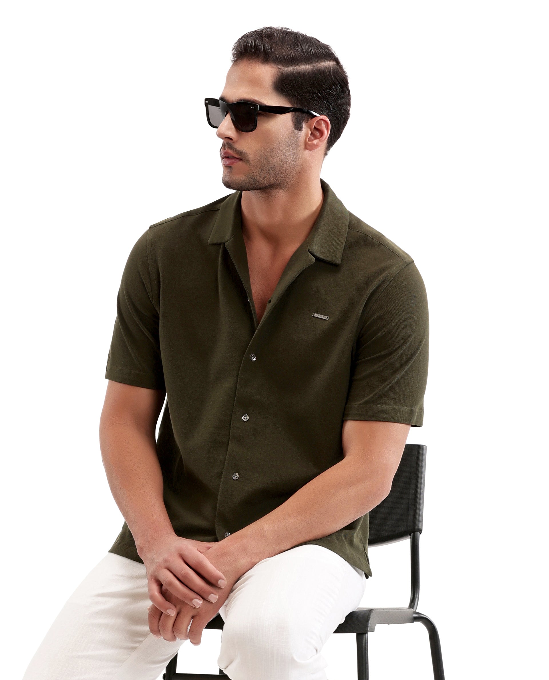 Vintage Olive Pique Knit Shirt with 7C Metal Buttons, Gun Metal Badge