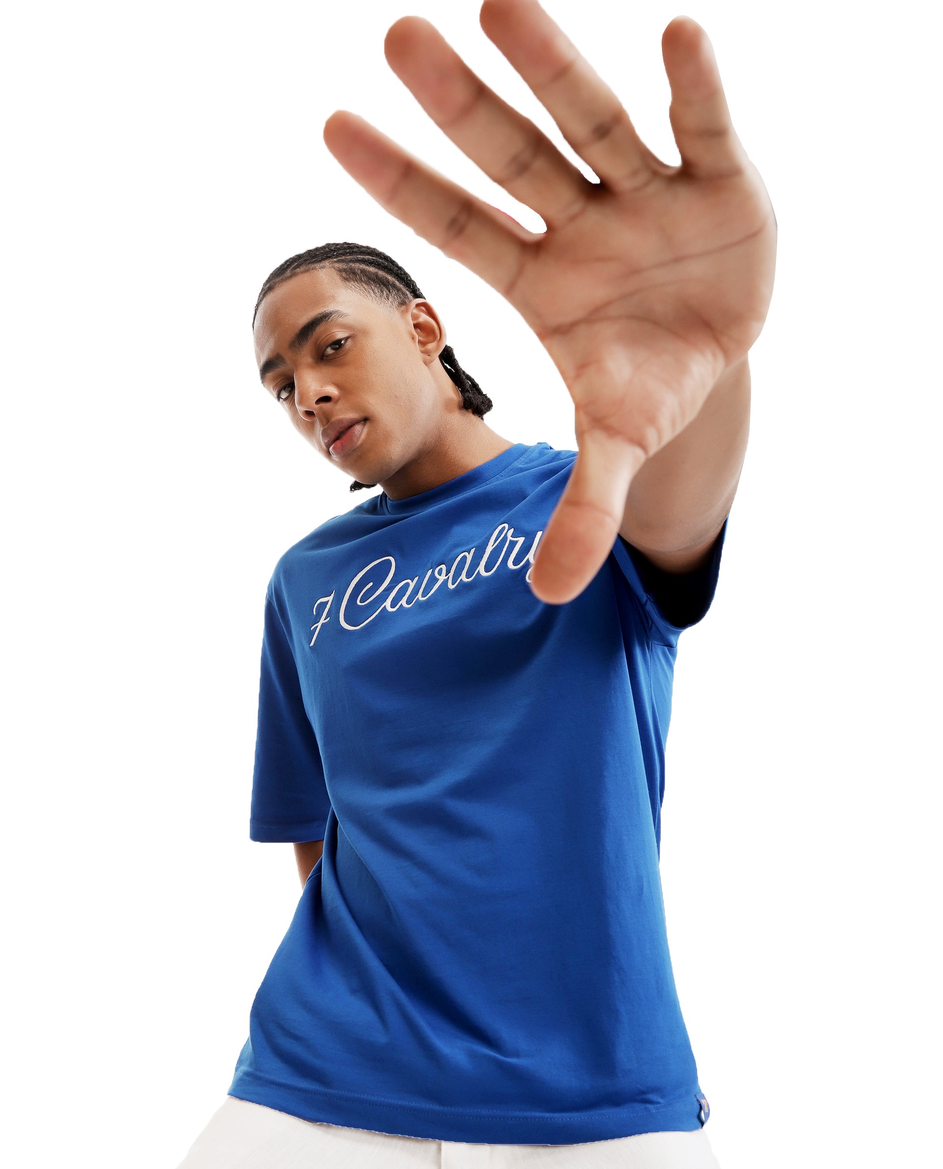 Imperial Prussian Blue Single Jersey Crew Neck Oversized T-Shirt with Pure White Embroidery