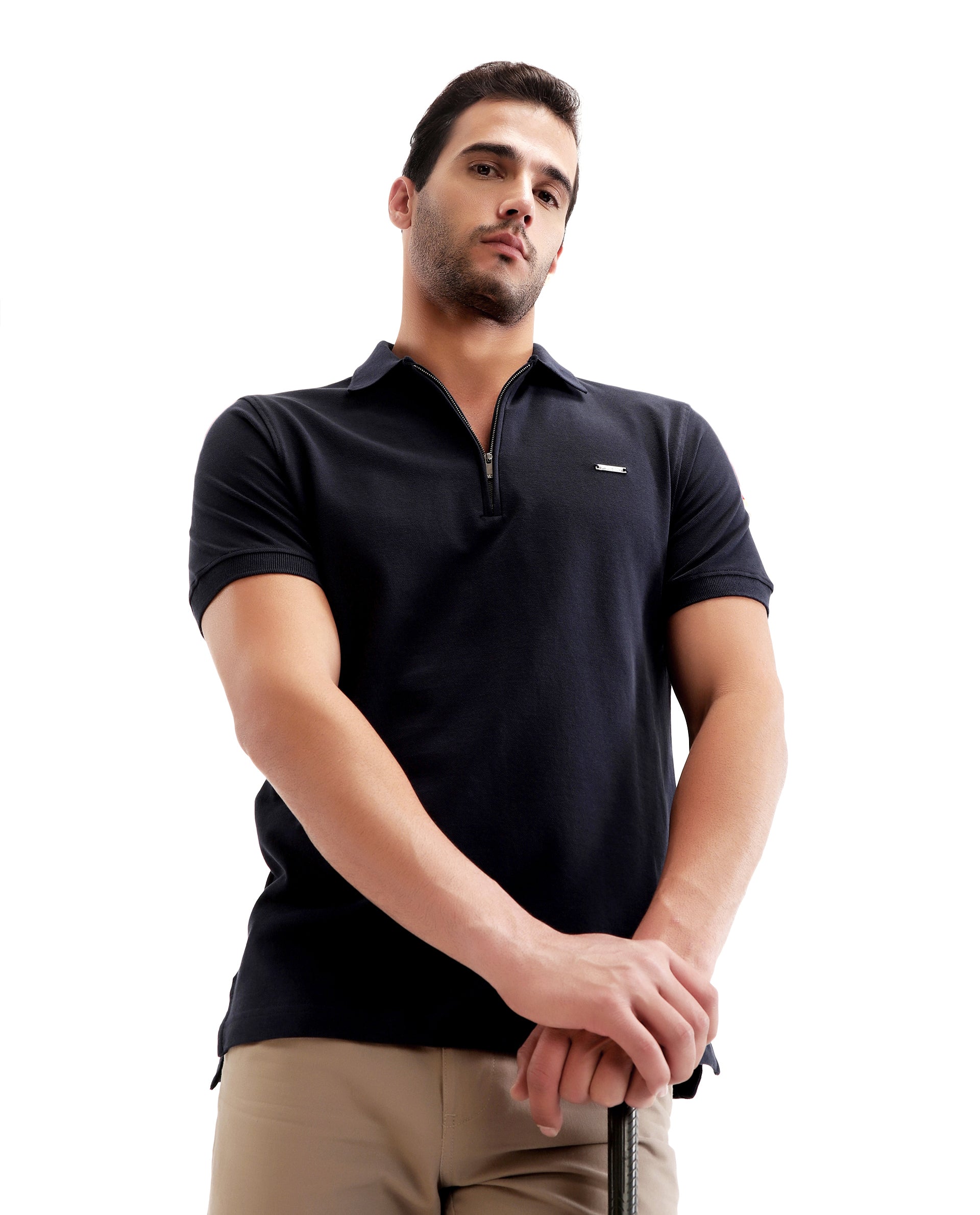 Midnight Navy Blue Pique Polo with 7C Metal Zip, Metal Badge