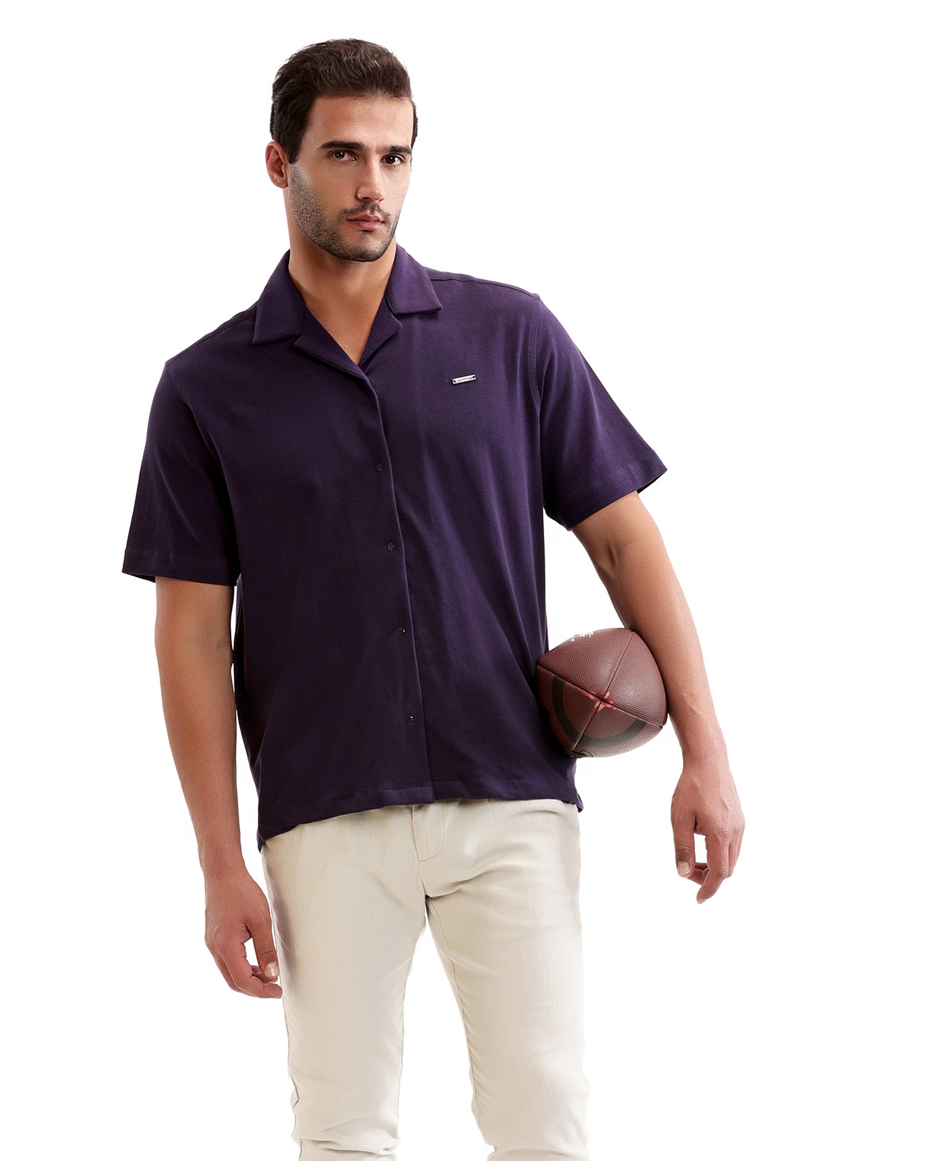 Deep Purple Pique Knit Shirt with 7C Engraved Snap Buttons, Gun Metal Badge