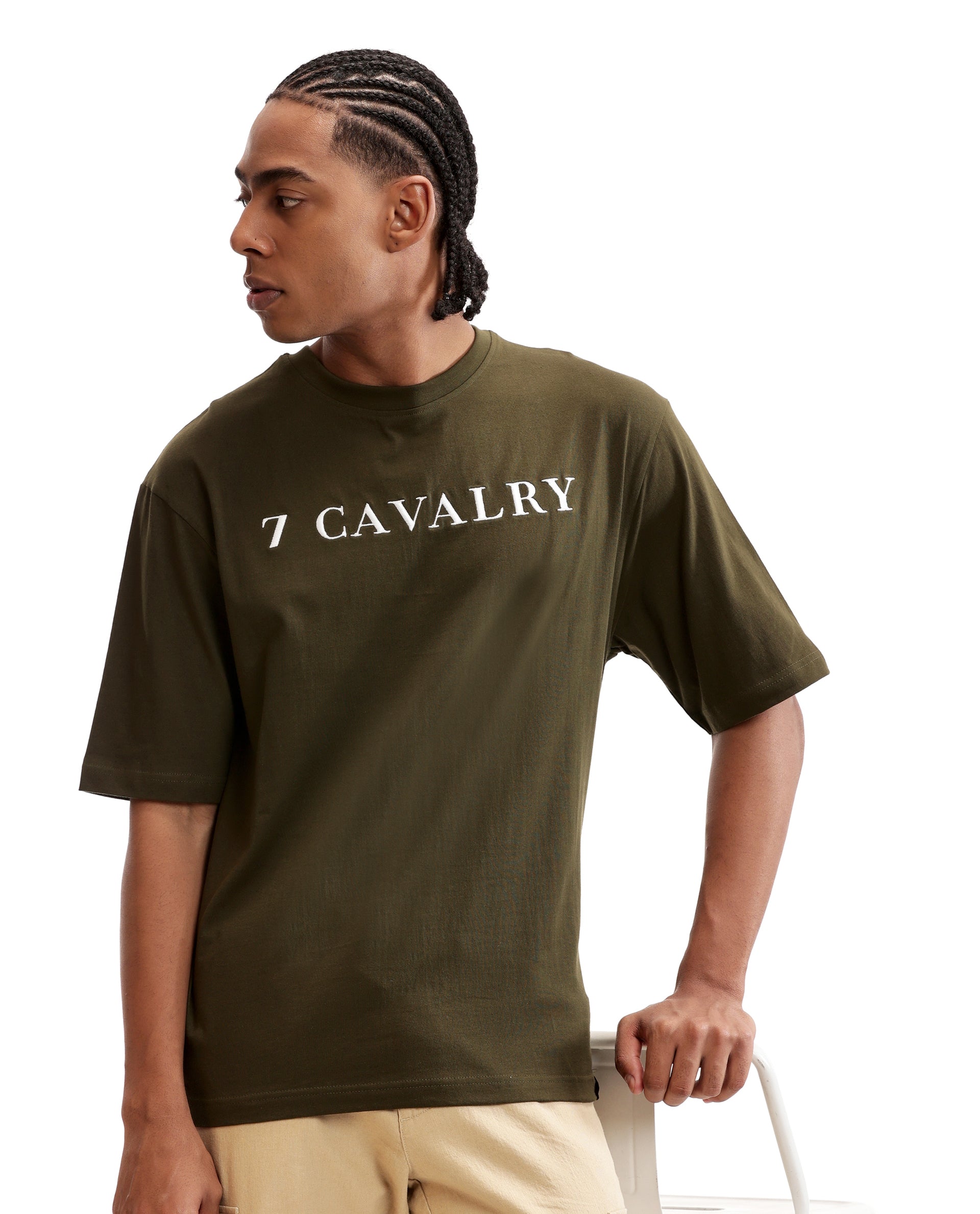 Vintage Olive Single Jersey Crew Neck Oversized T-Shirt with Pure White Embroidery