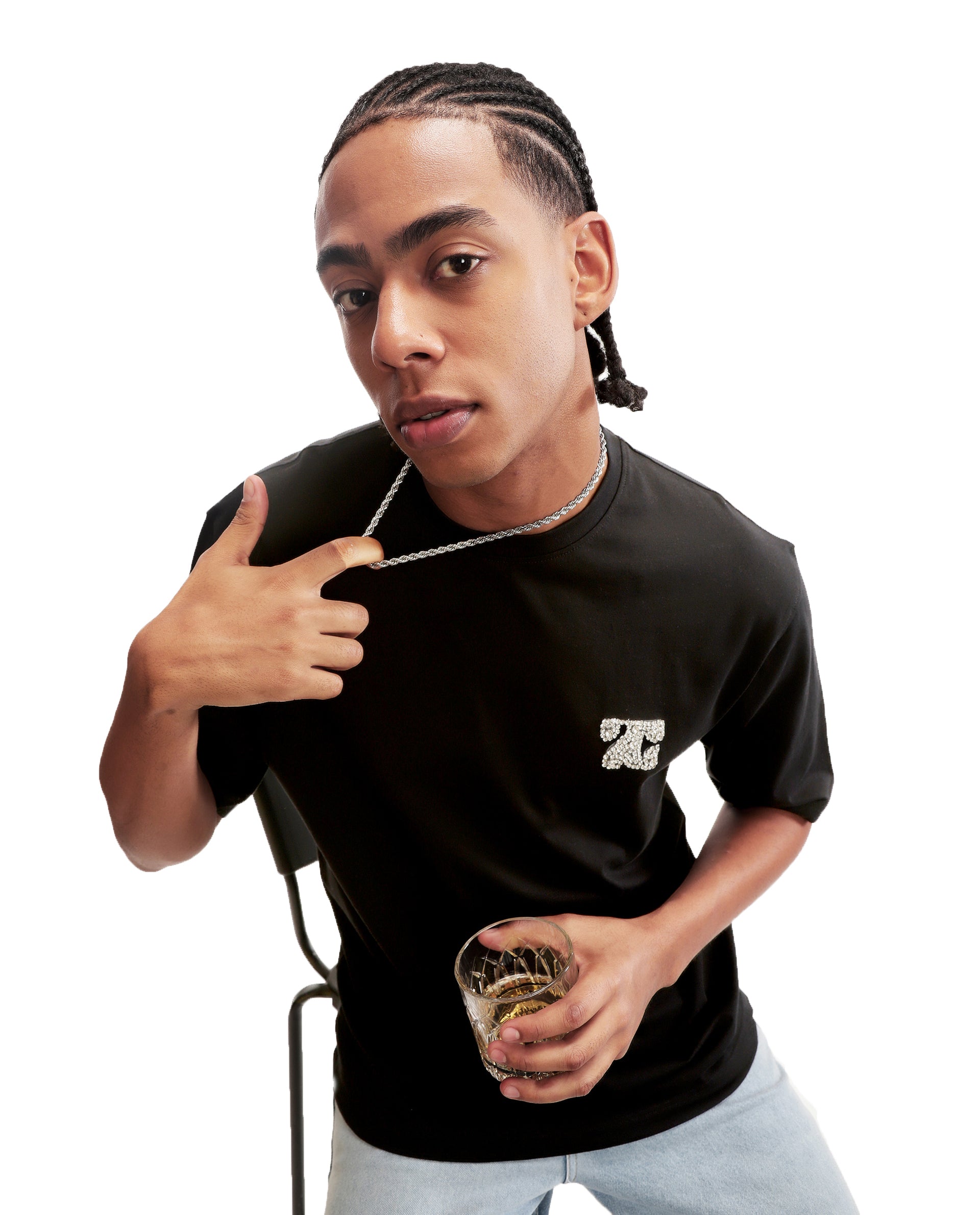 Charcoal Black Single Jersey Crew Neck Oversized T-Shirt with Crystal Finish Rhinestones