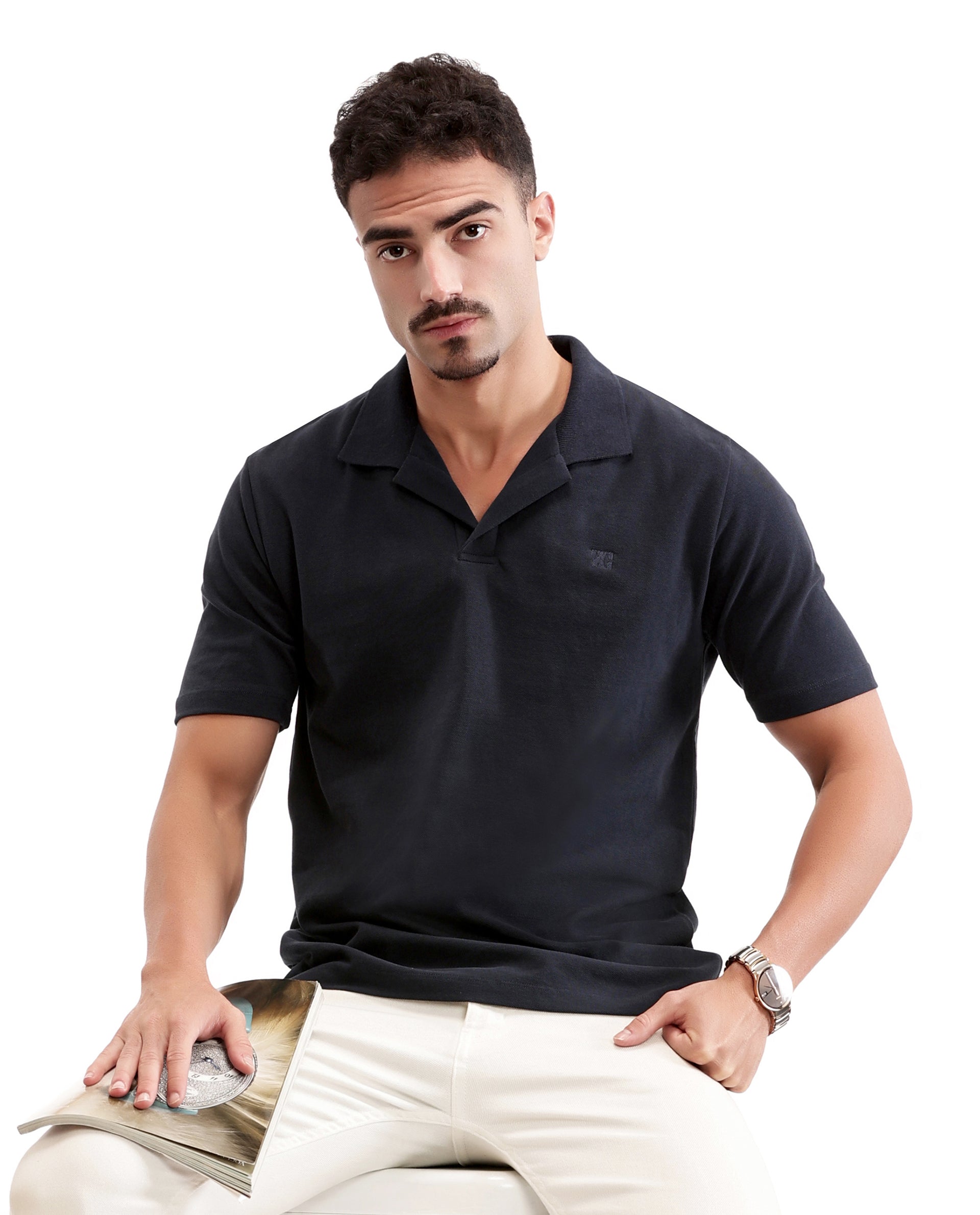 Midnight Navy Blue Johnny Collar Pique Polo with Tone-on-Tone 7C Embroidery