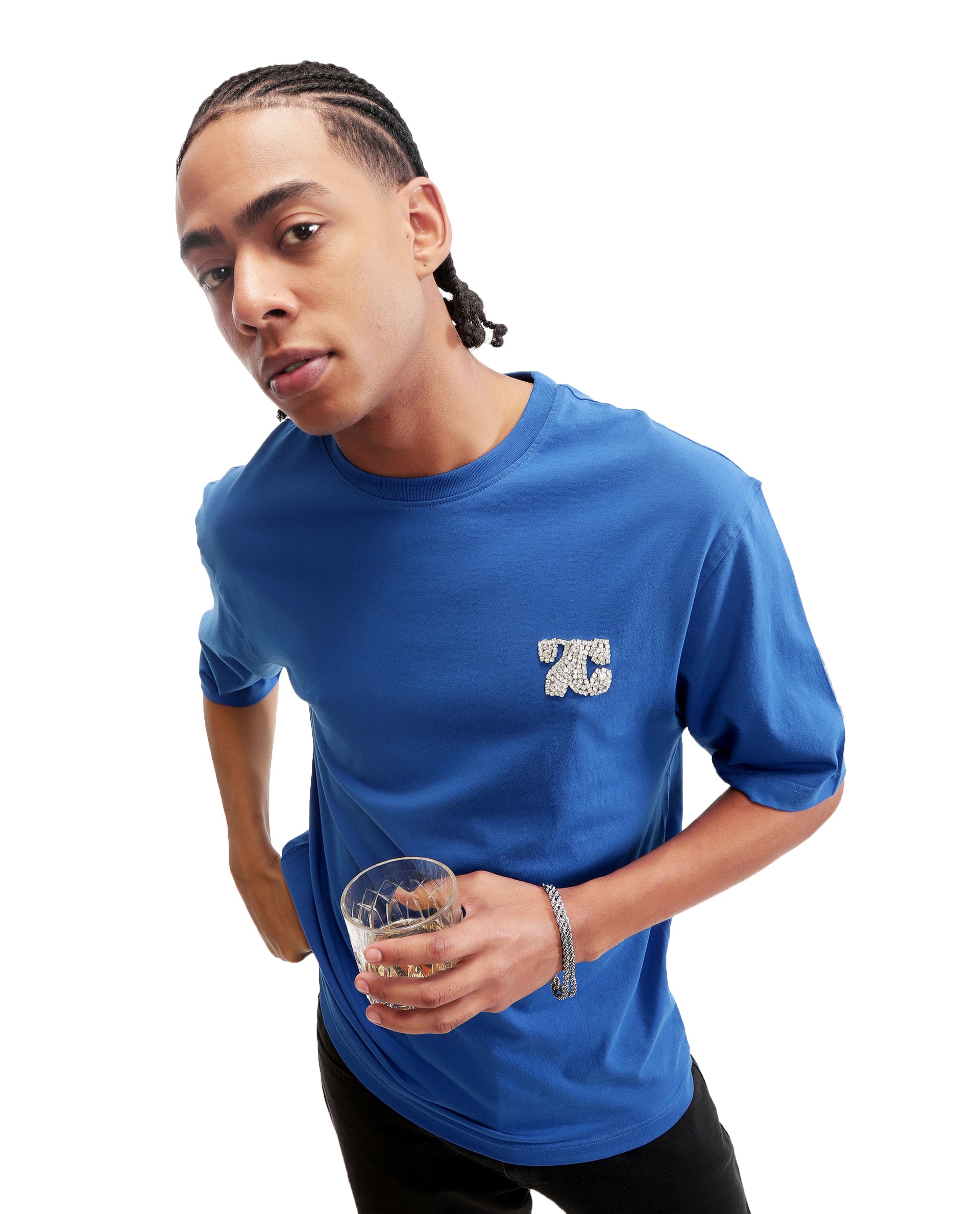 Imperial Prussian Blue Single Jersey Neck Oversized T-Shirt with Crystal Finish Rhinestones