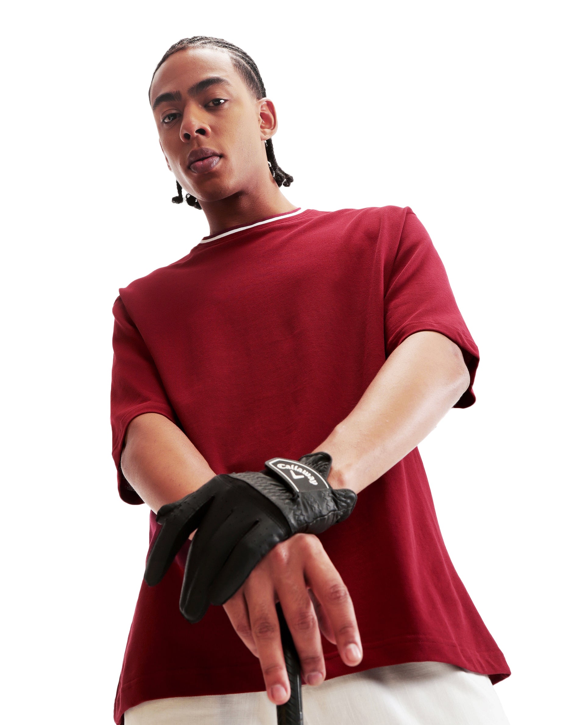 Bordeaux Maroon Pique Crew Neck Oversized T-Shirt with Pure White Piping
