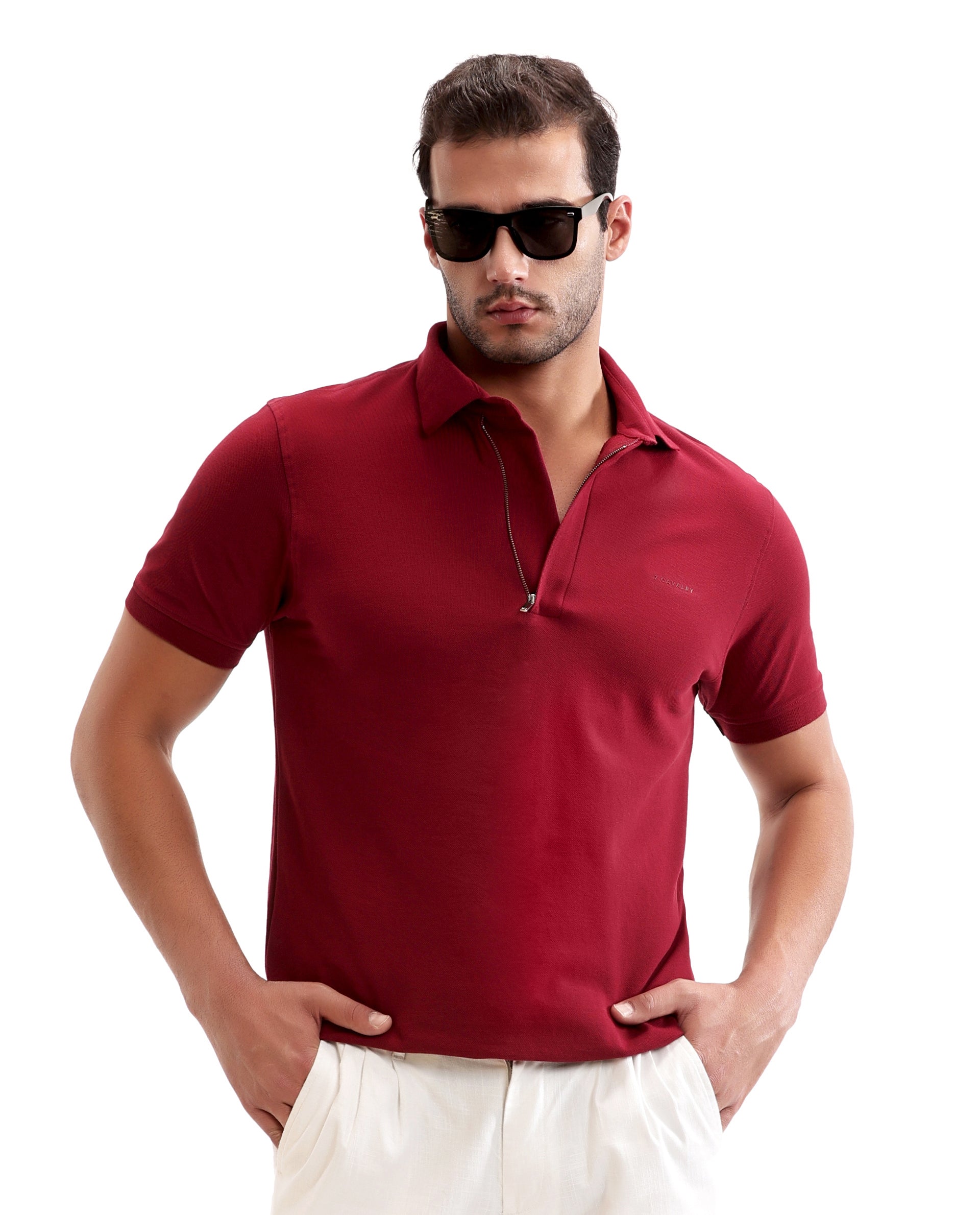 Bordeaux Maroon Pique Polo with Concealed 7C Metal Zip, HD Print