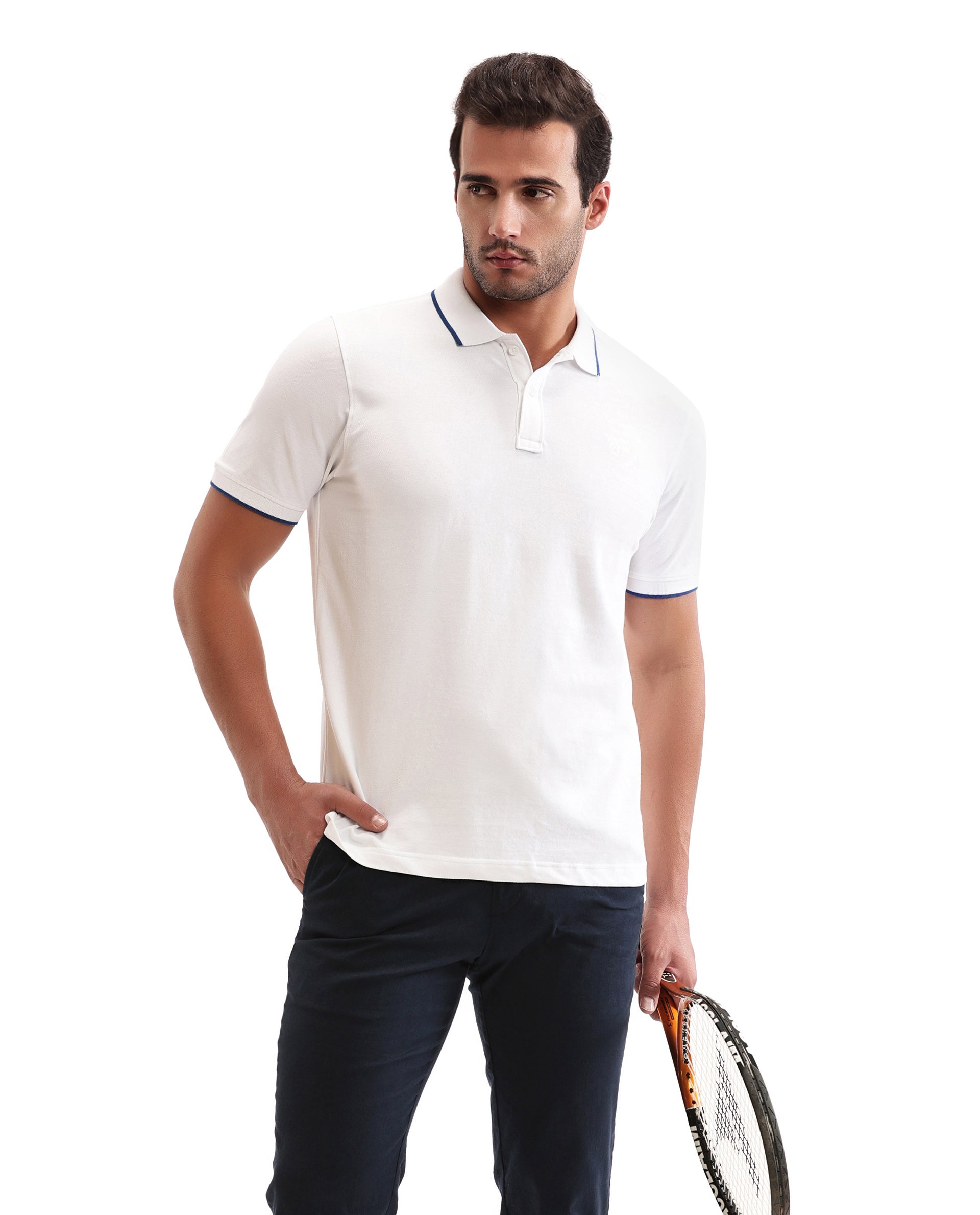 Pure White Pique Polo with Imperial Prussian Blue Collar Piping, Tone-on-Tone 7C Embroidery