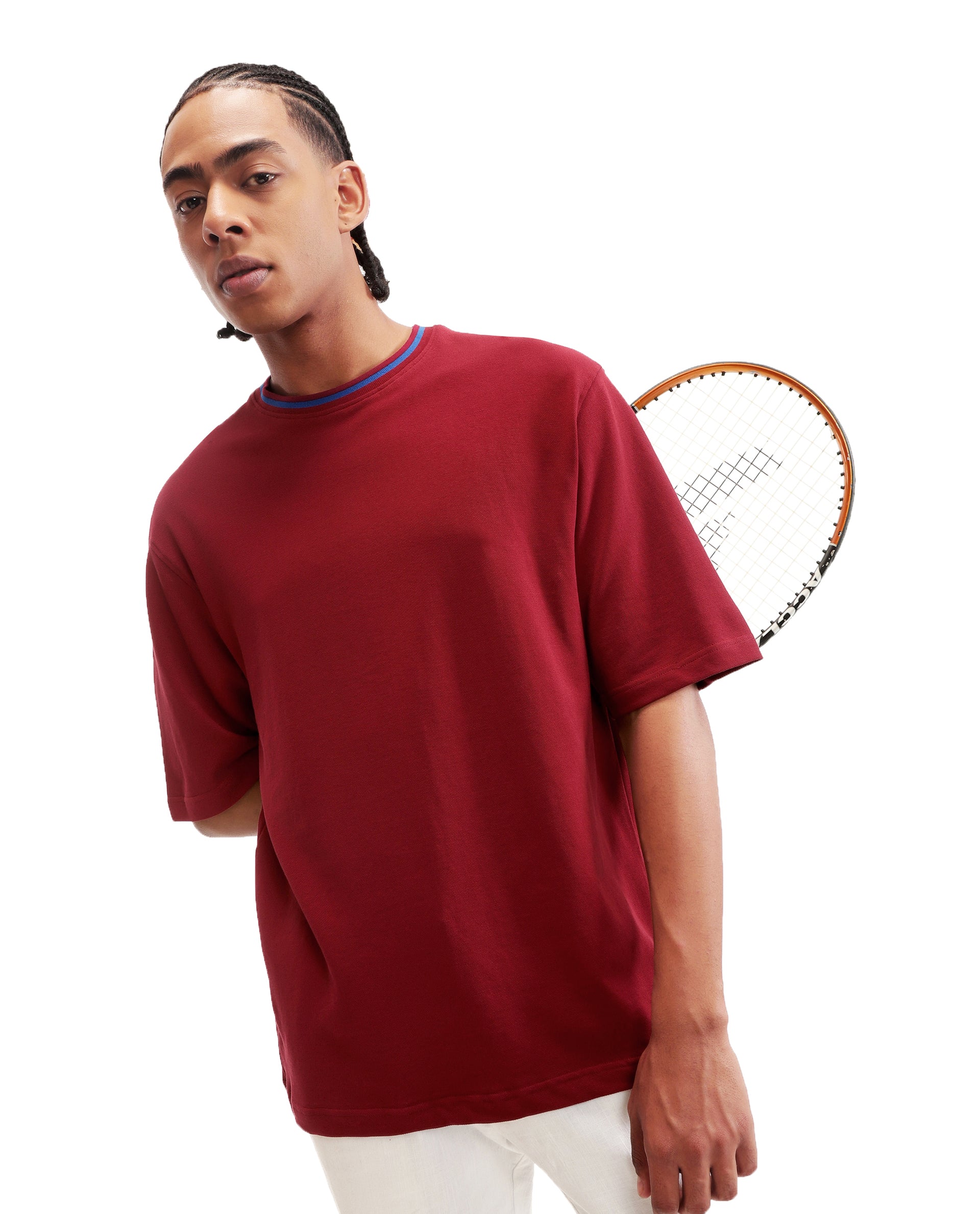 Bordeaux Maroon Pique Crew Neck Oversized T-Shirt with Midnight Navy Blue Piping