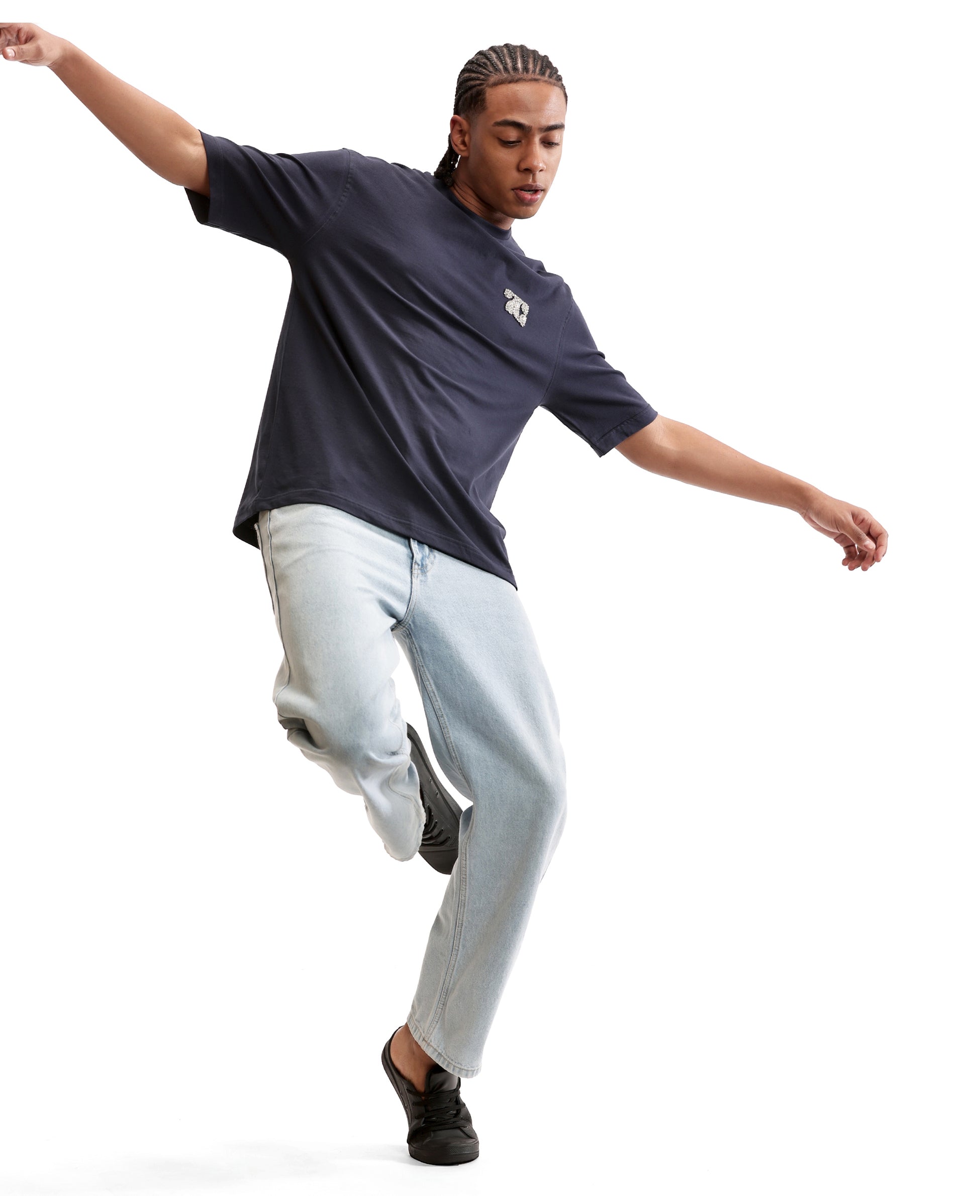 Midnight Navy Blue Single Jersey Crew Neck Oversized T-Shirt with Crystal Finish Rhinestones