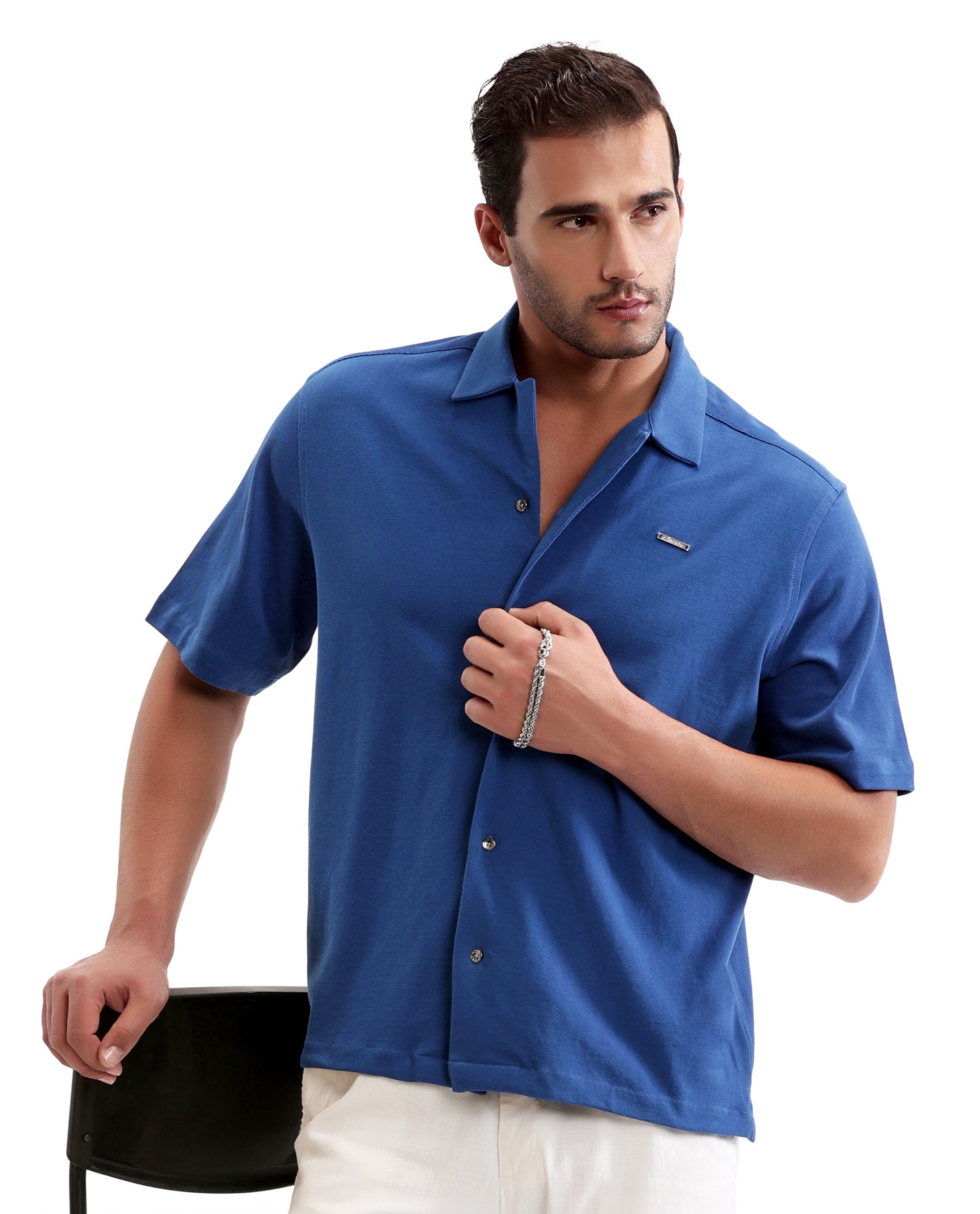 Imperial Prussian Blue Pique Knit Shirt with 7C Metal Buttons, Gun Metal Badge