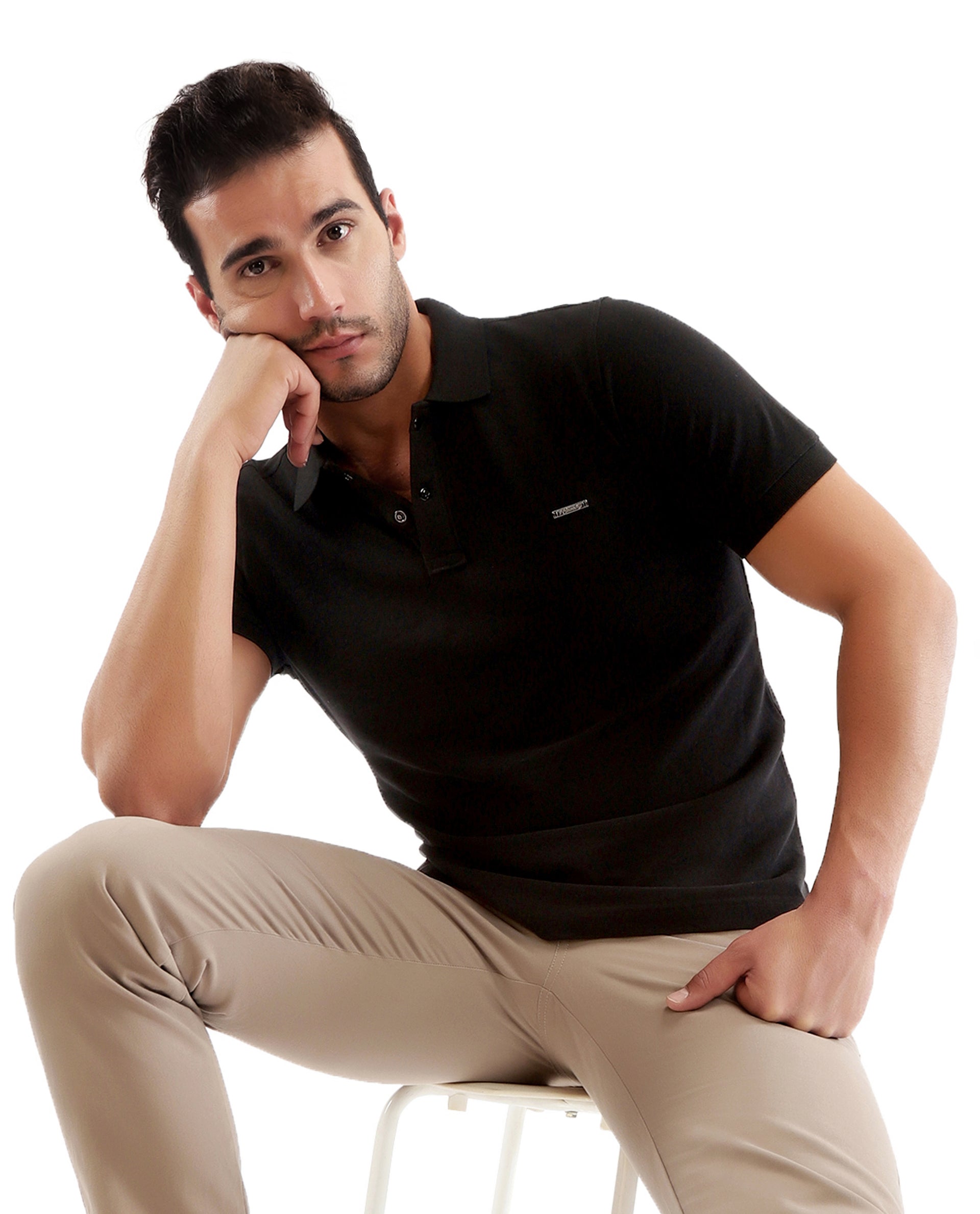 Charcoal Black Pique Polo with 7C Snap Buttons, Metal Badge
