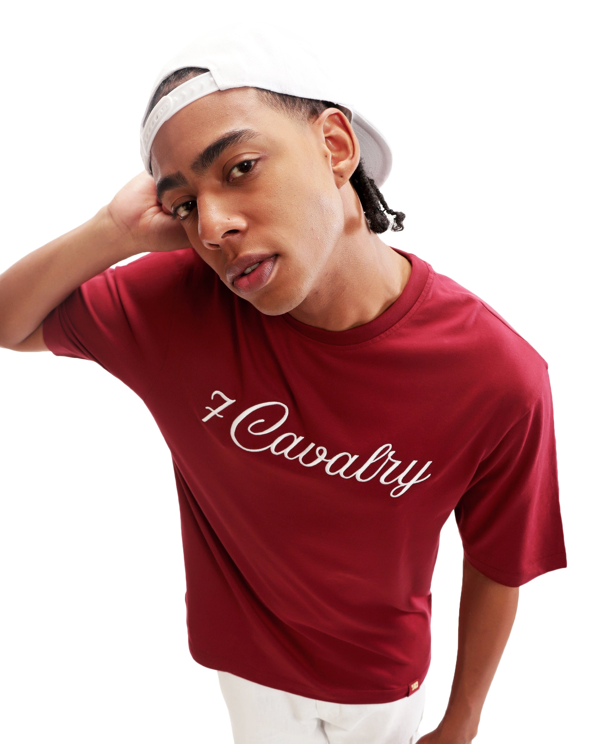 Bordeaux Maroon Single Jersey Crew Neck Oversized T-Shirt with Pure White Embroidery