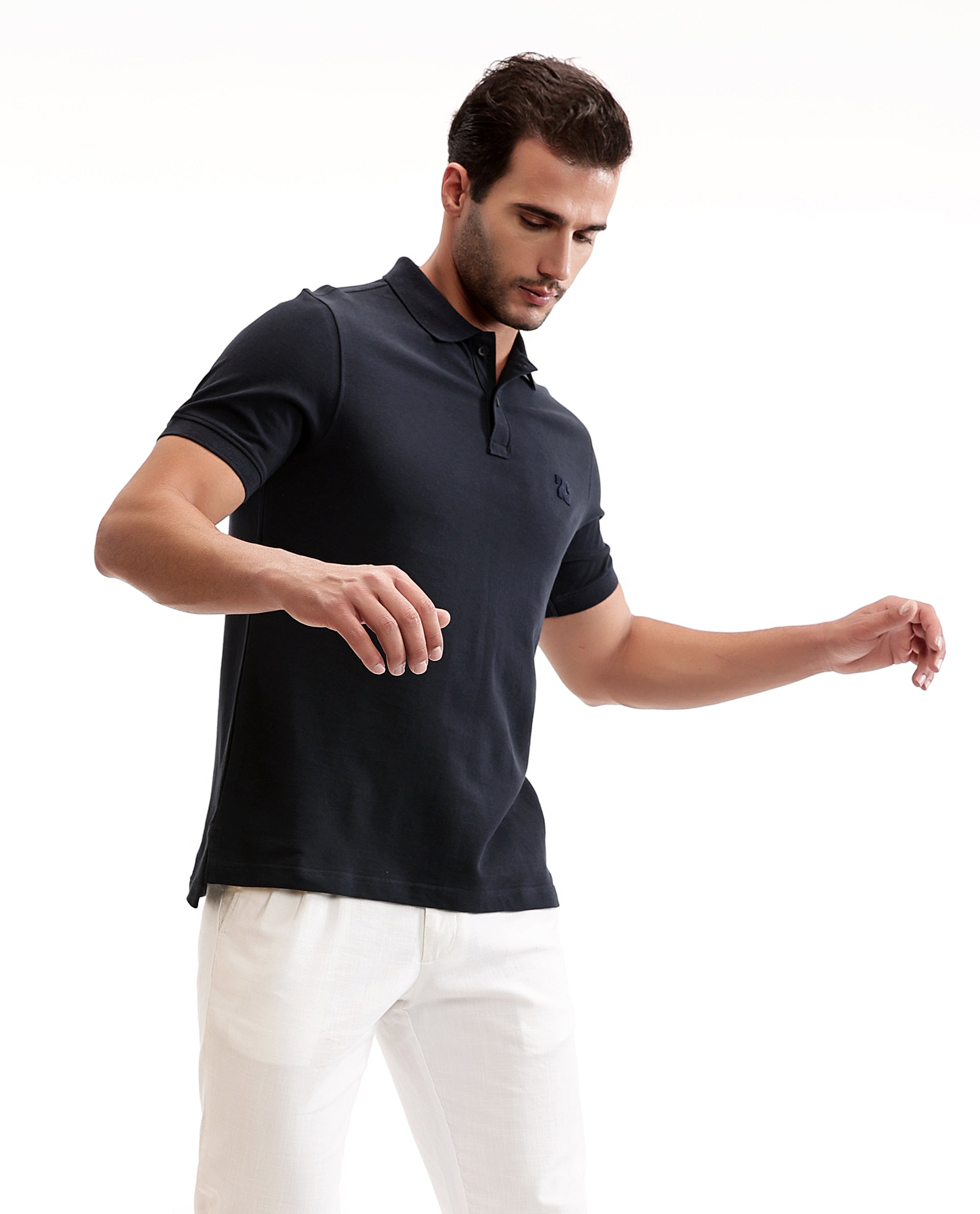 Midnight Navy Blue Pique Polo with Tufted Embroidery