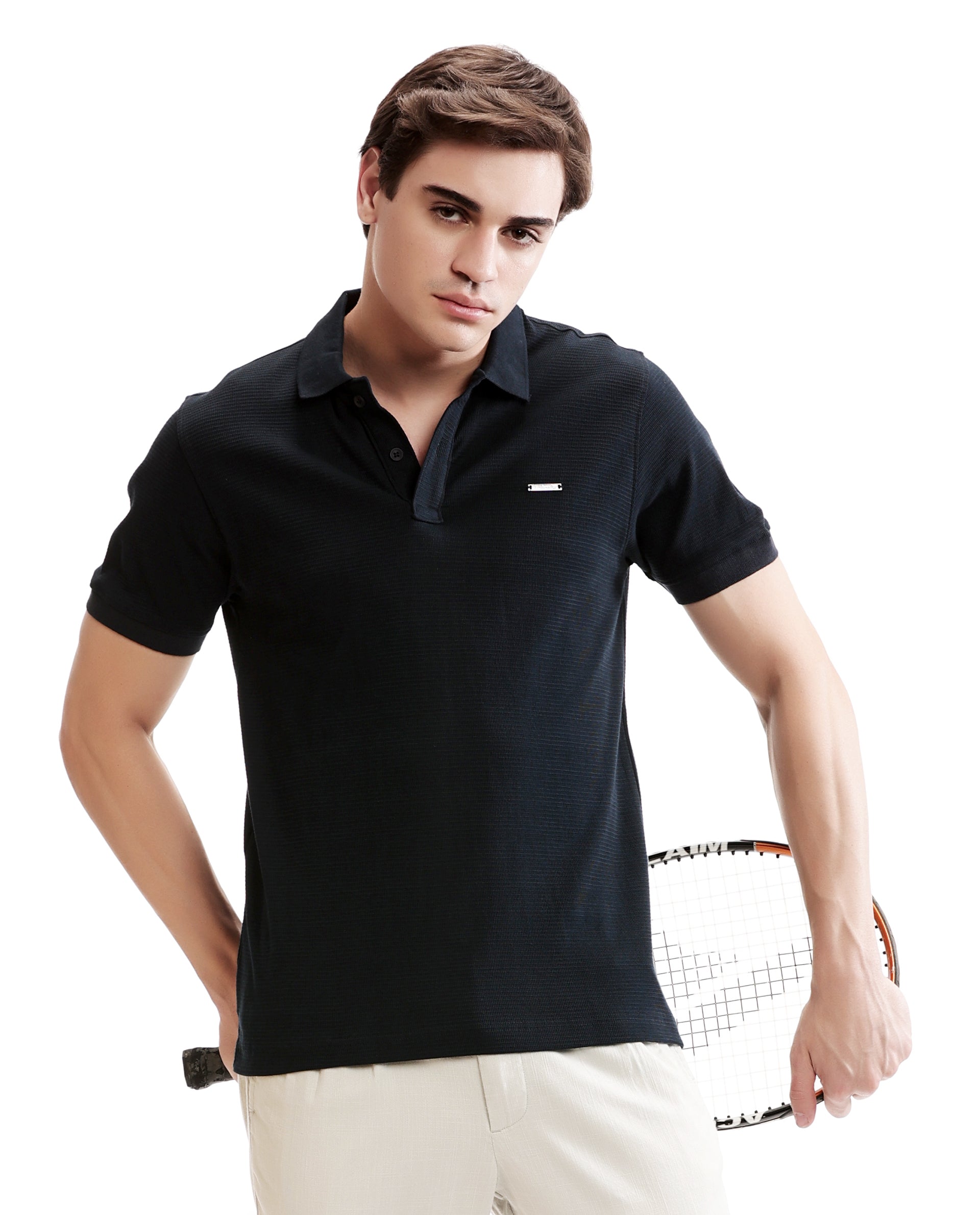 Midnight Navy Blue Knitted Waffle Polo with 7C Engraved Metal Badge
