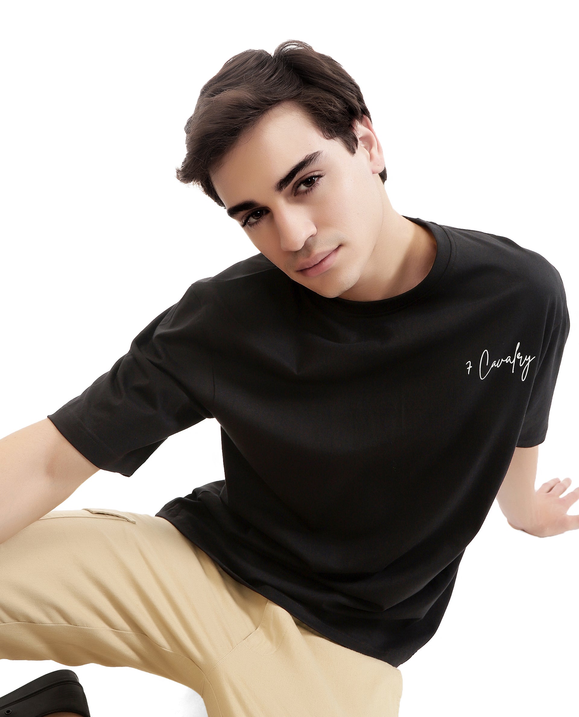 Charcoal Black Single Jersey Crew Neck Oversized T-Shirt with Pure White Non-PVC Print