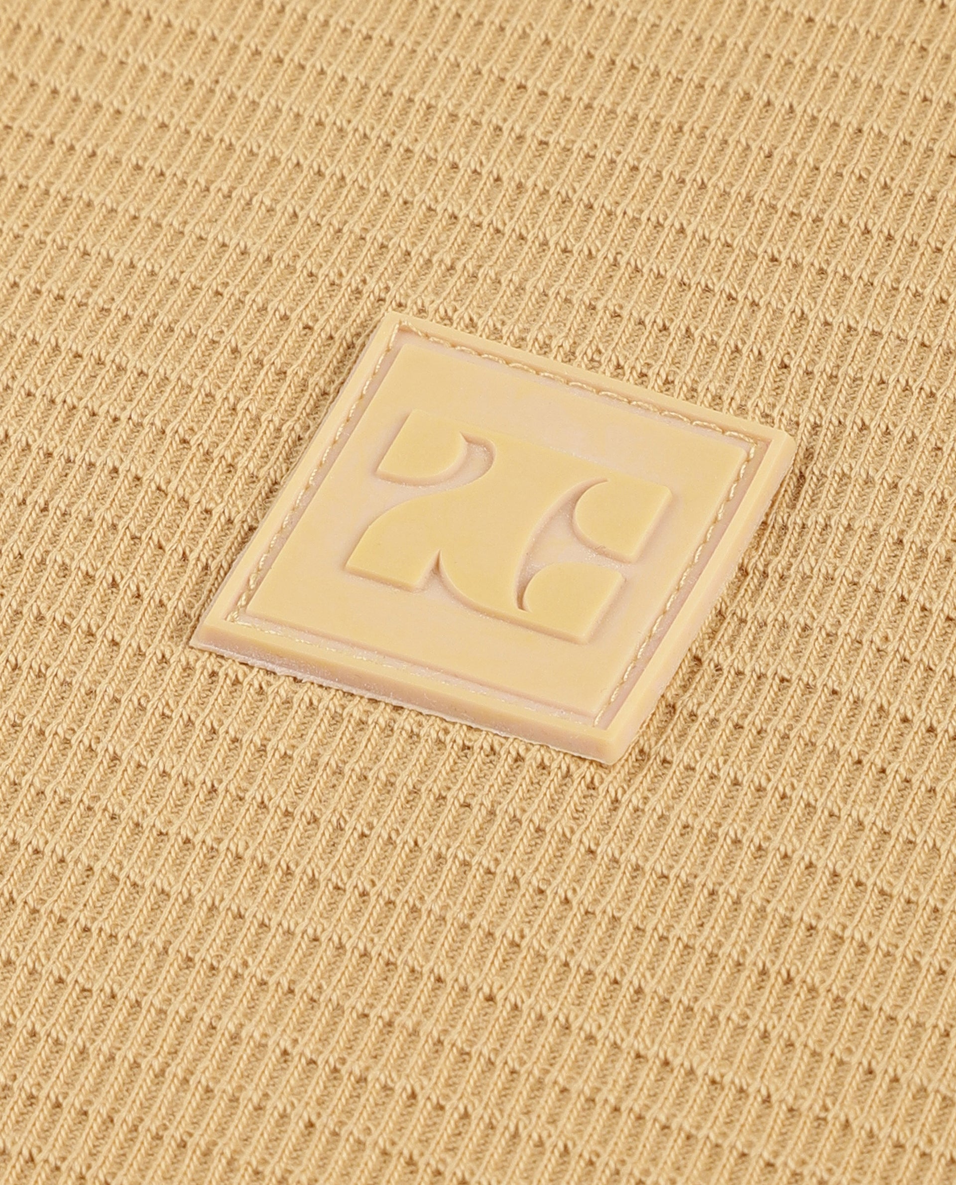 Camel Beige Knitted Waffle Polo with 7C Rubber Patch & Ribbed Collar