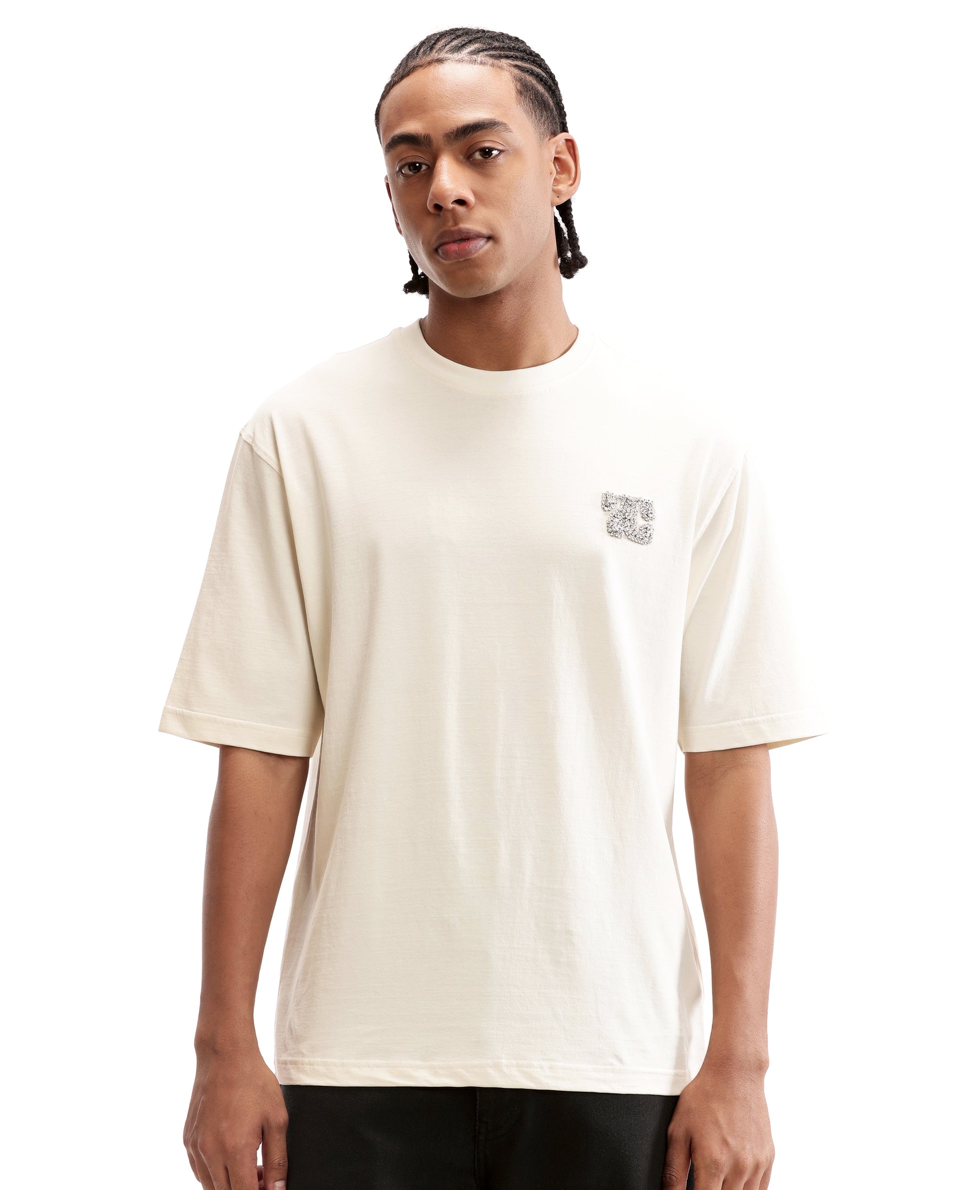 Ivory White Single Jersey Crew Neck Oversized T-Shirt with Crystal Finish Rhinestones