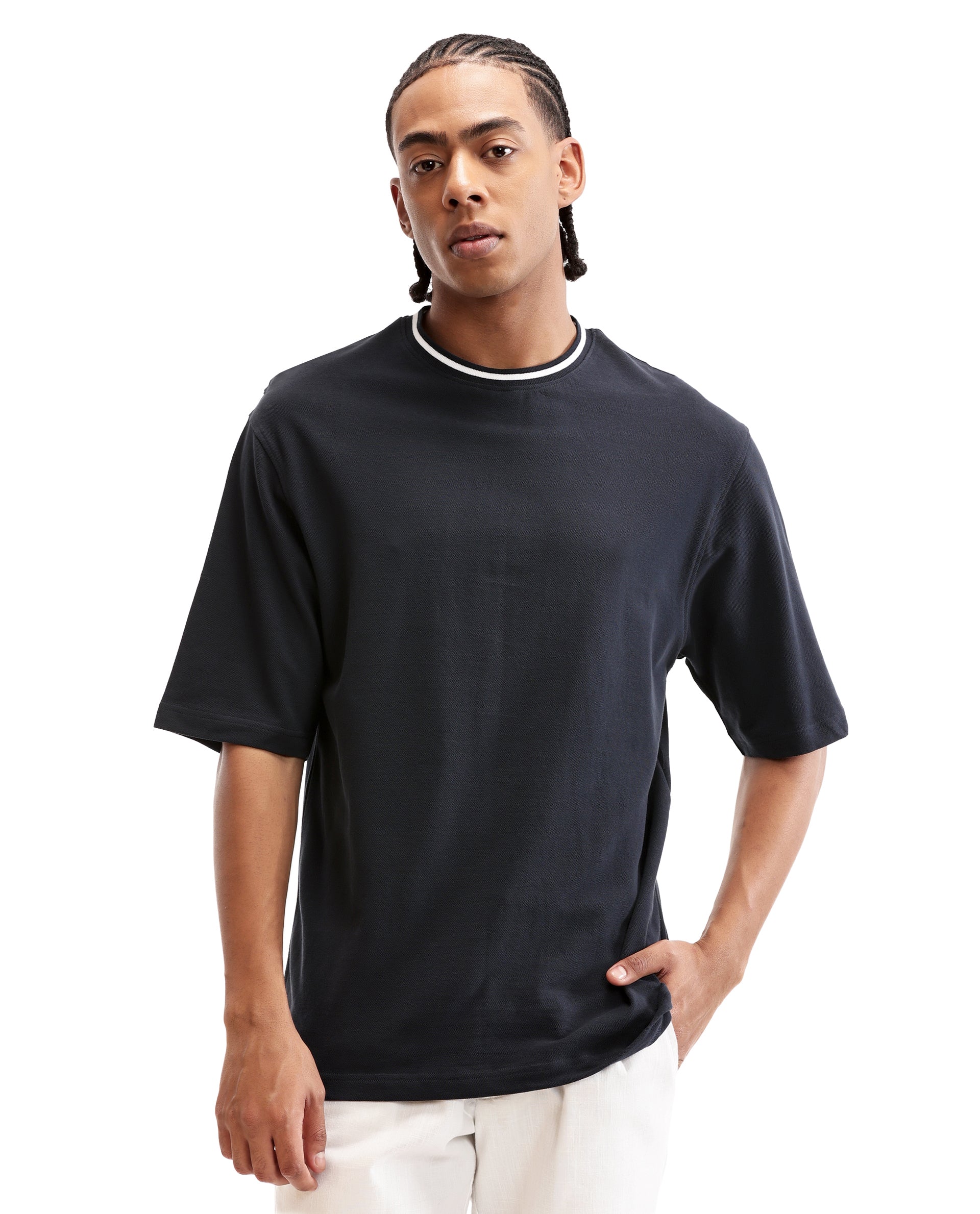 Midnight Navy Blue Pique Crew Neck Oversized T-Shirt with Pure White Piping