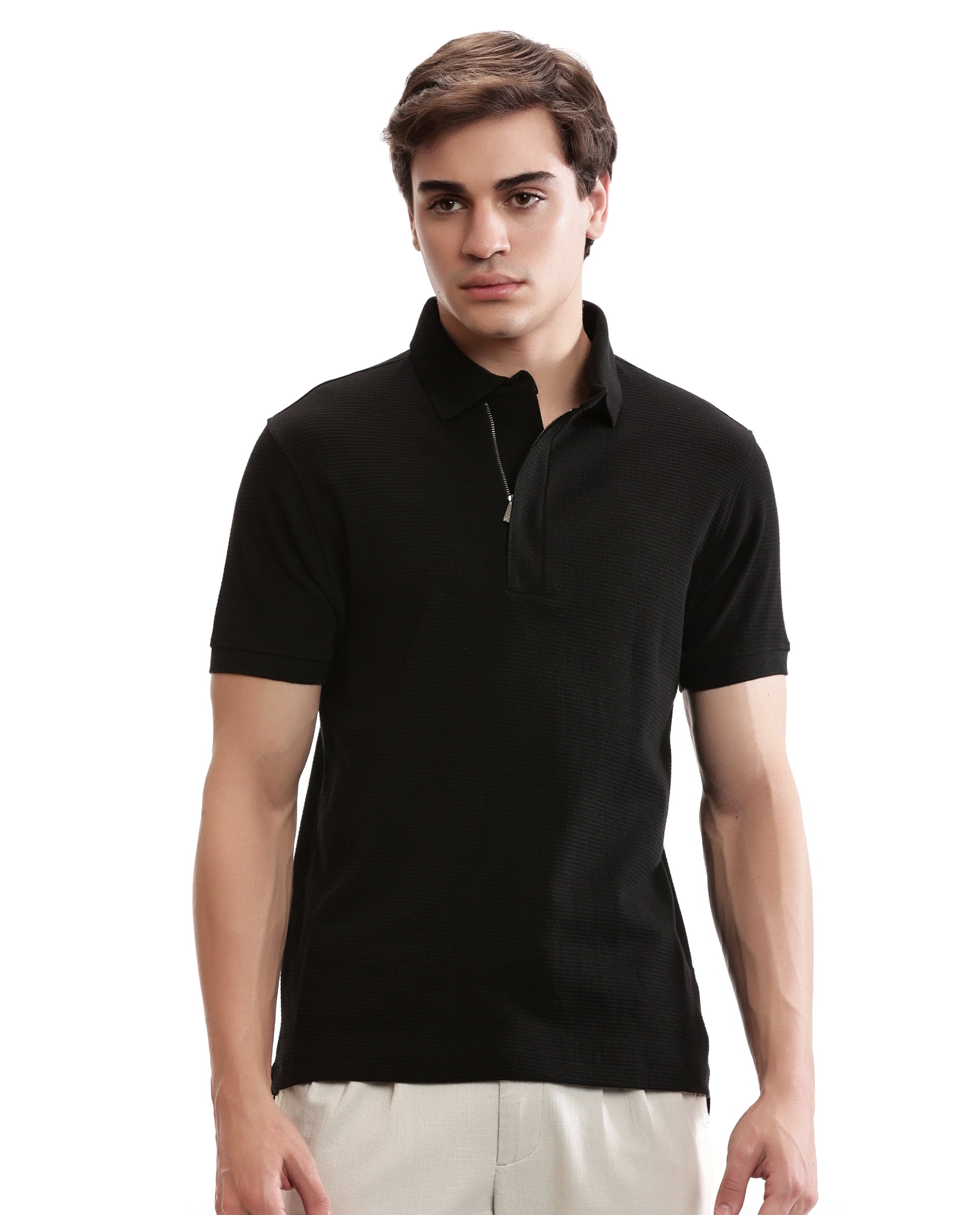 Charcoal Black Knitted Waffle Polo with 7C Metal Zip