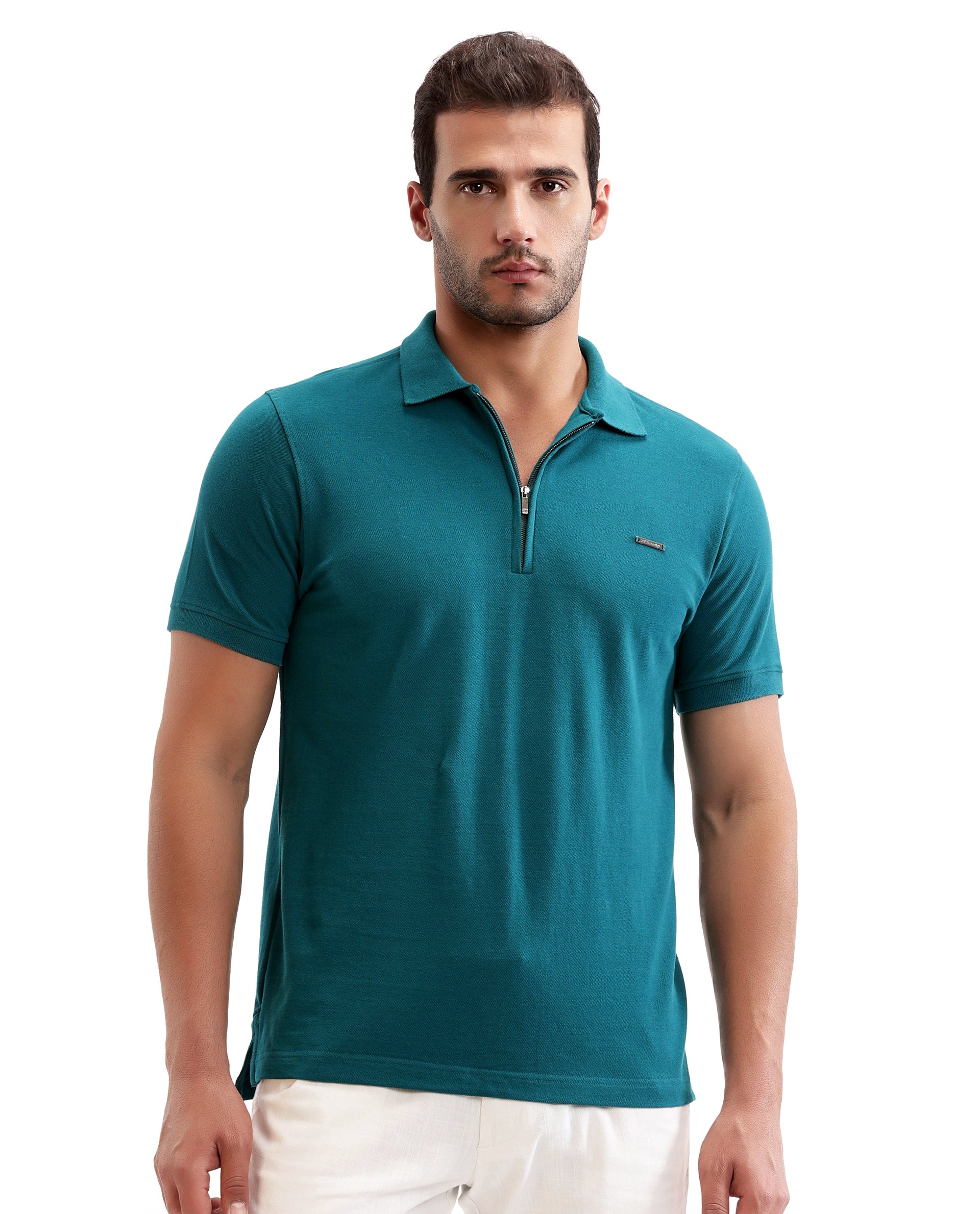 Ocean Teal Pique Polo with 7C Metal Zip, Metal Badge
