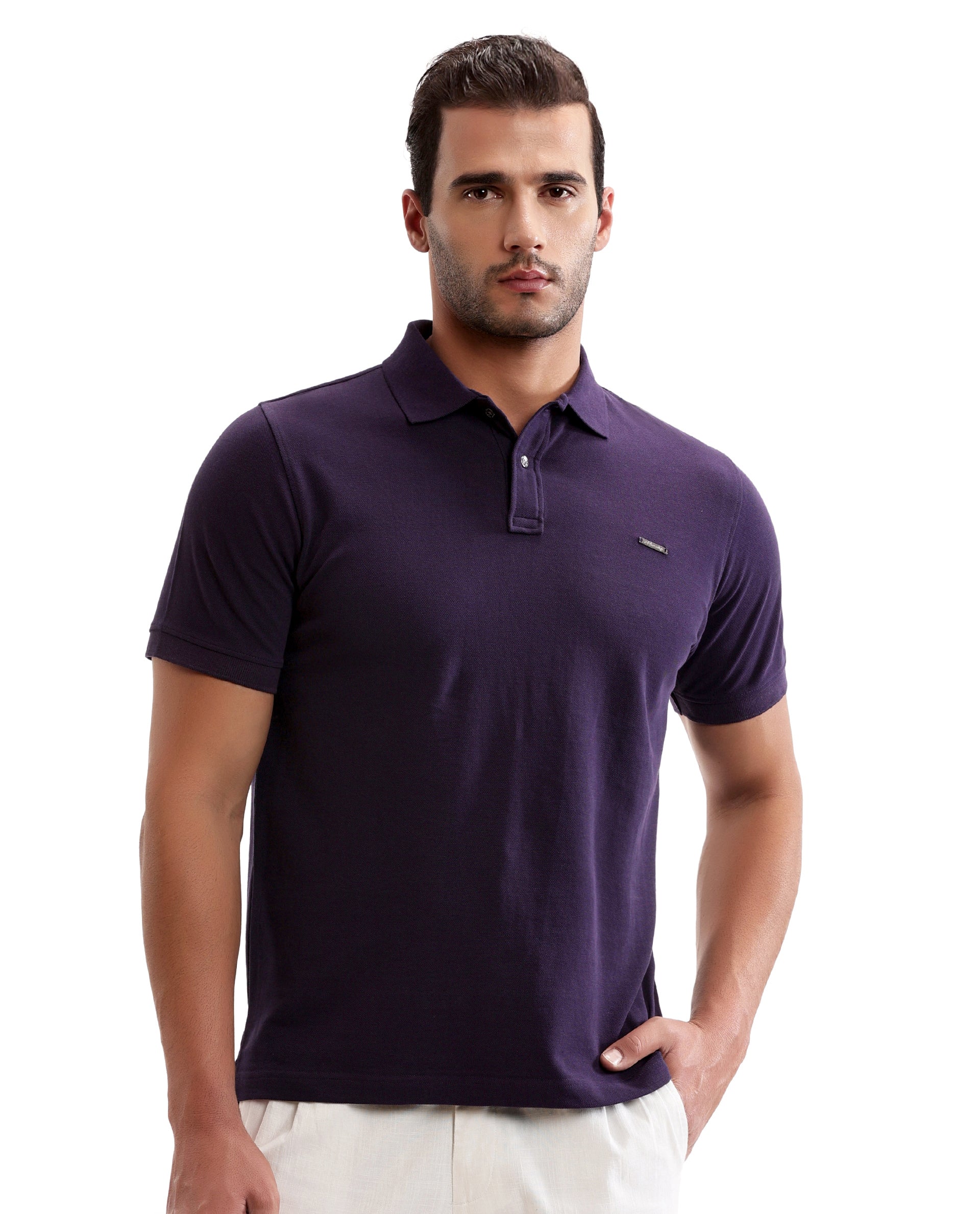Deep Purple Pique Polo with Metal Buttons, 7C Metal Badge