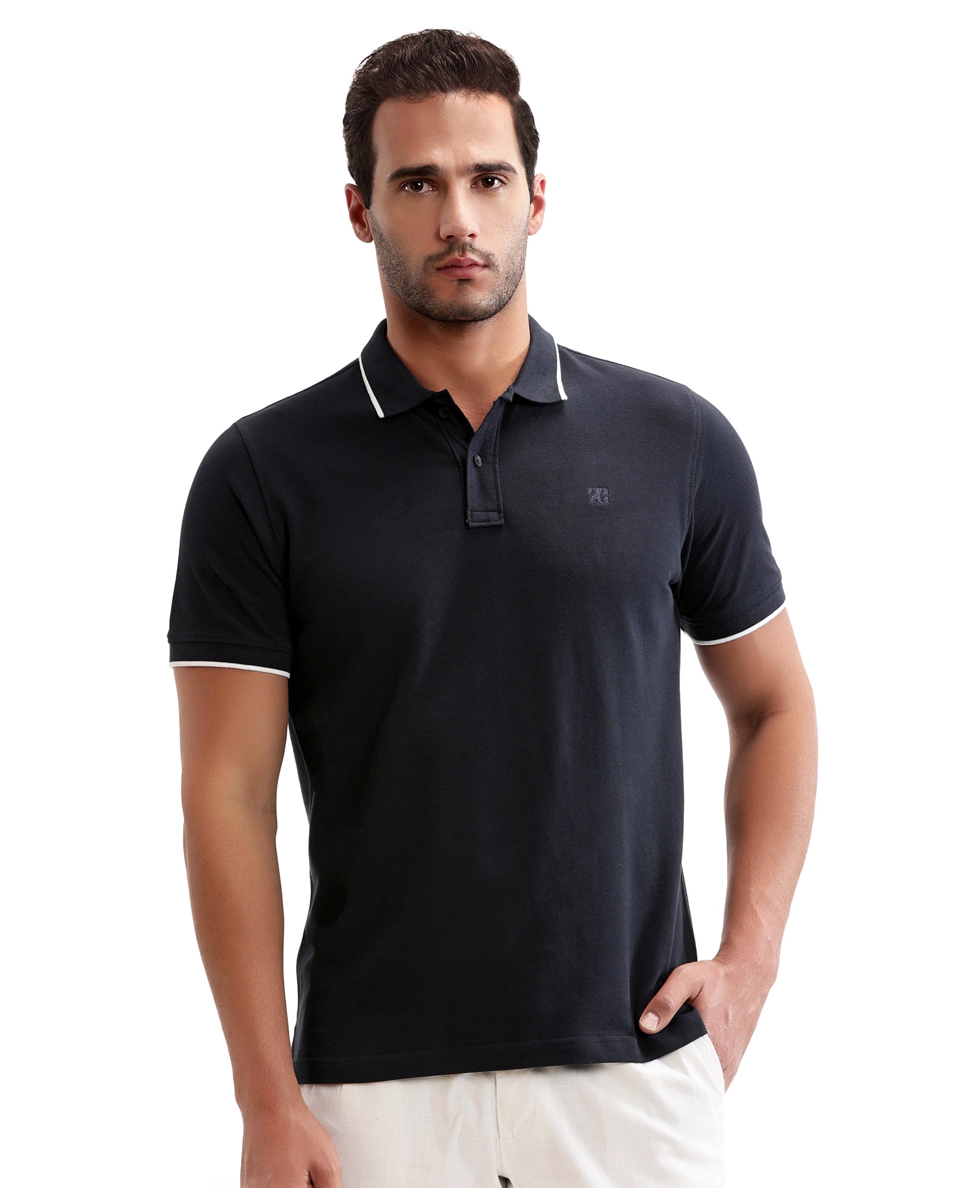 Midnight Navy Blue Pique Polo with White Collar Piping, Tone-on-Tone 7C Embroidery