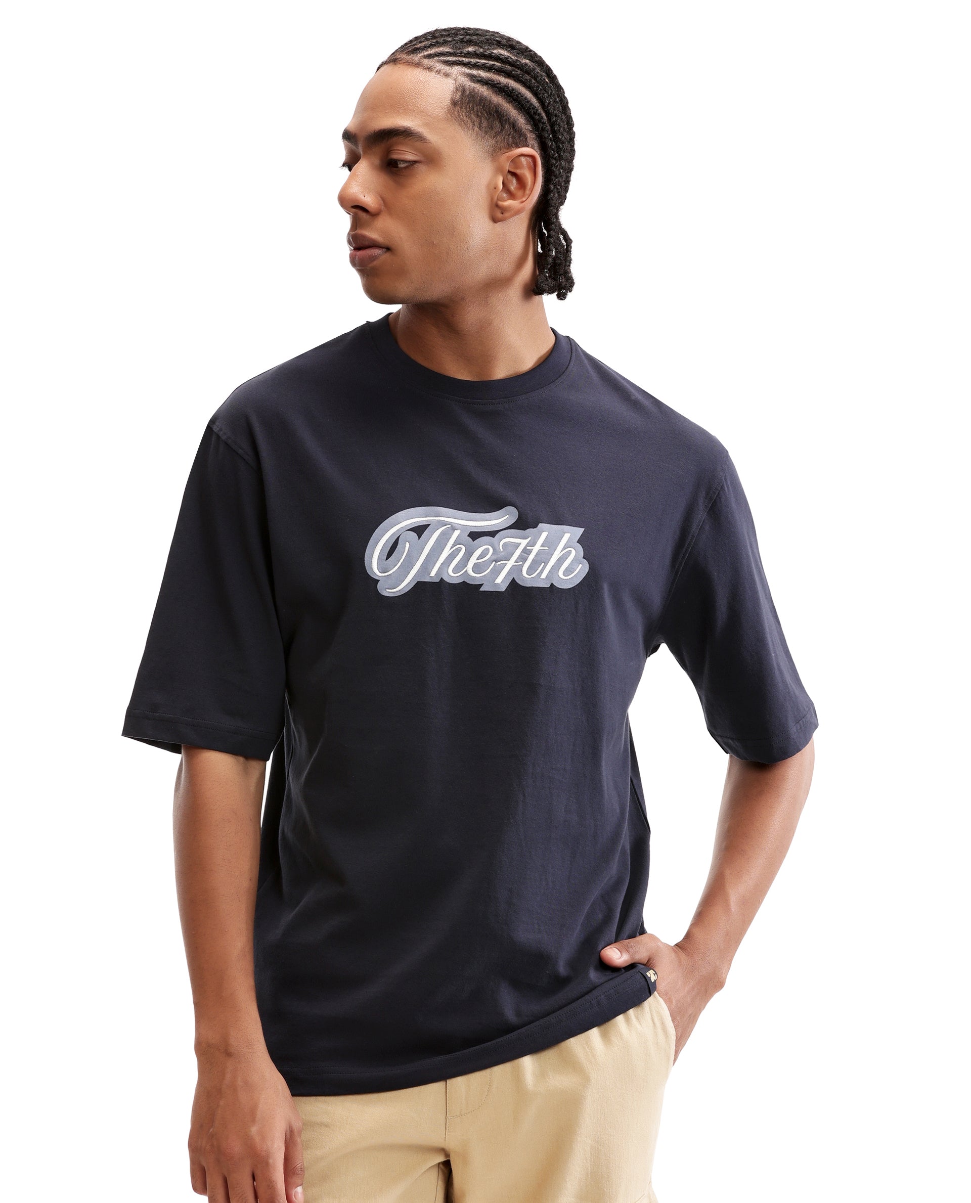 Midnight Navy Blue Single Jersey Crew Neck Oversized T-Shirt with Light Blue Print & Pure White 7C Embroidery