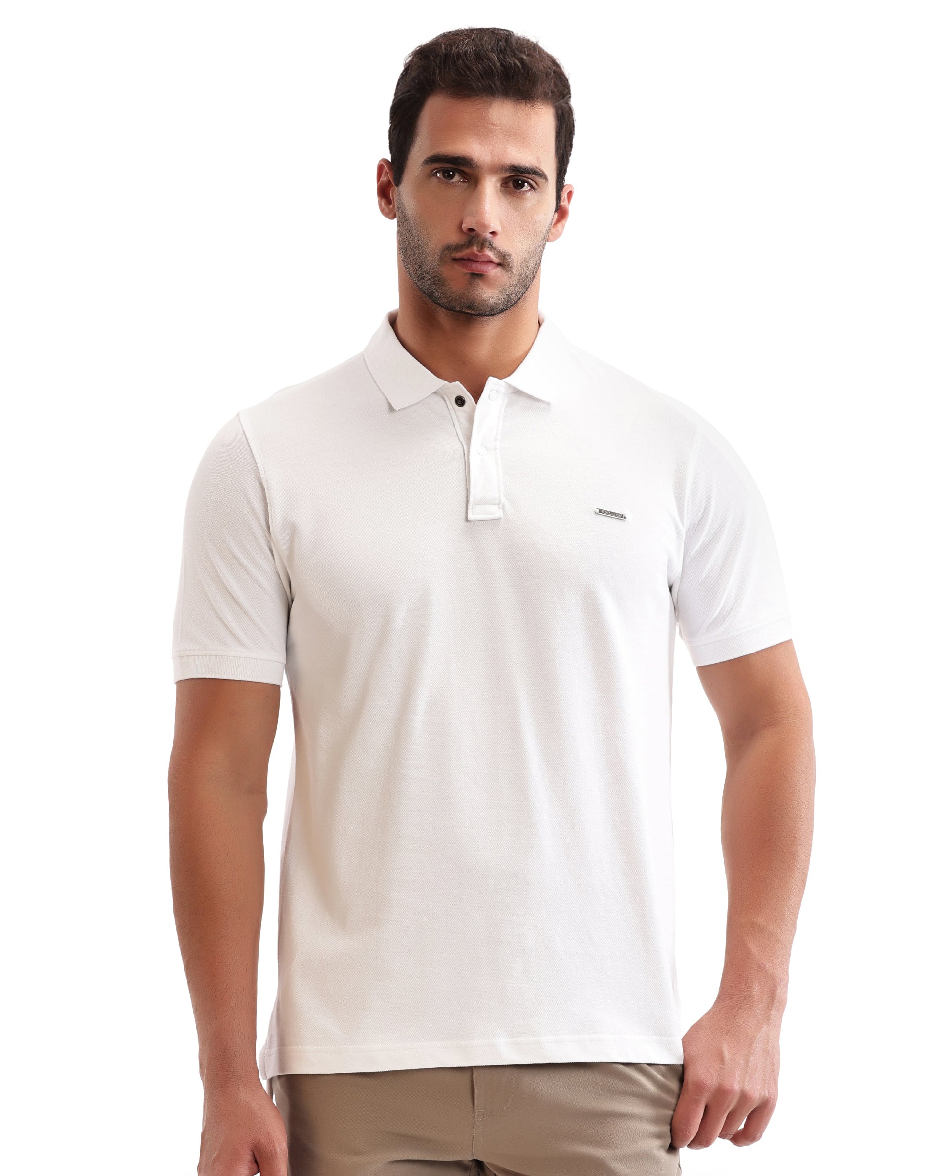 Pure White Pique Polo with 7C Snap Buttons, Metal Badge