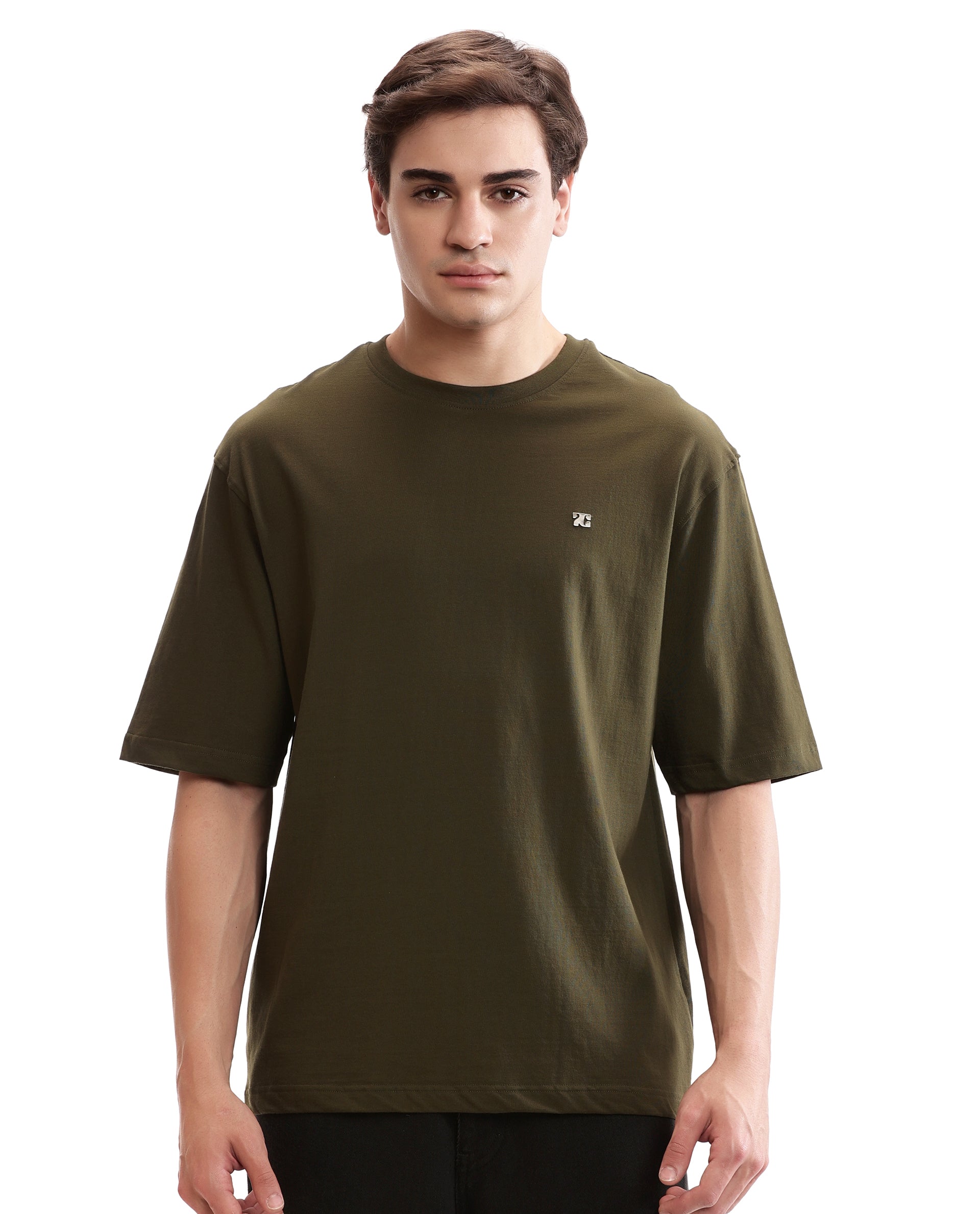 Vintage Olive Single Jersey Crew Neck Oversized T-Shirt with 7C Gun Metal Insignia