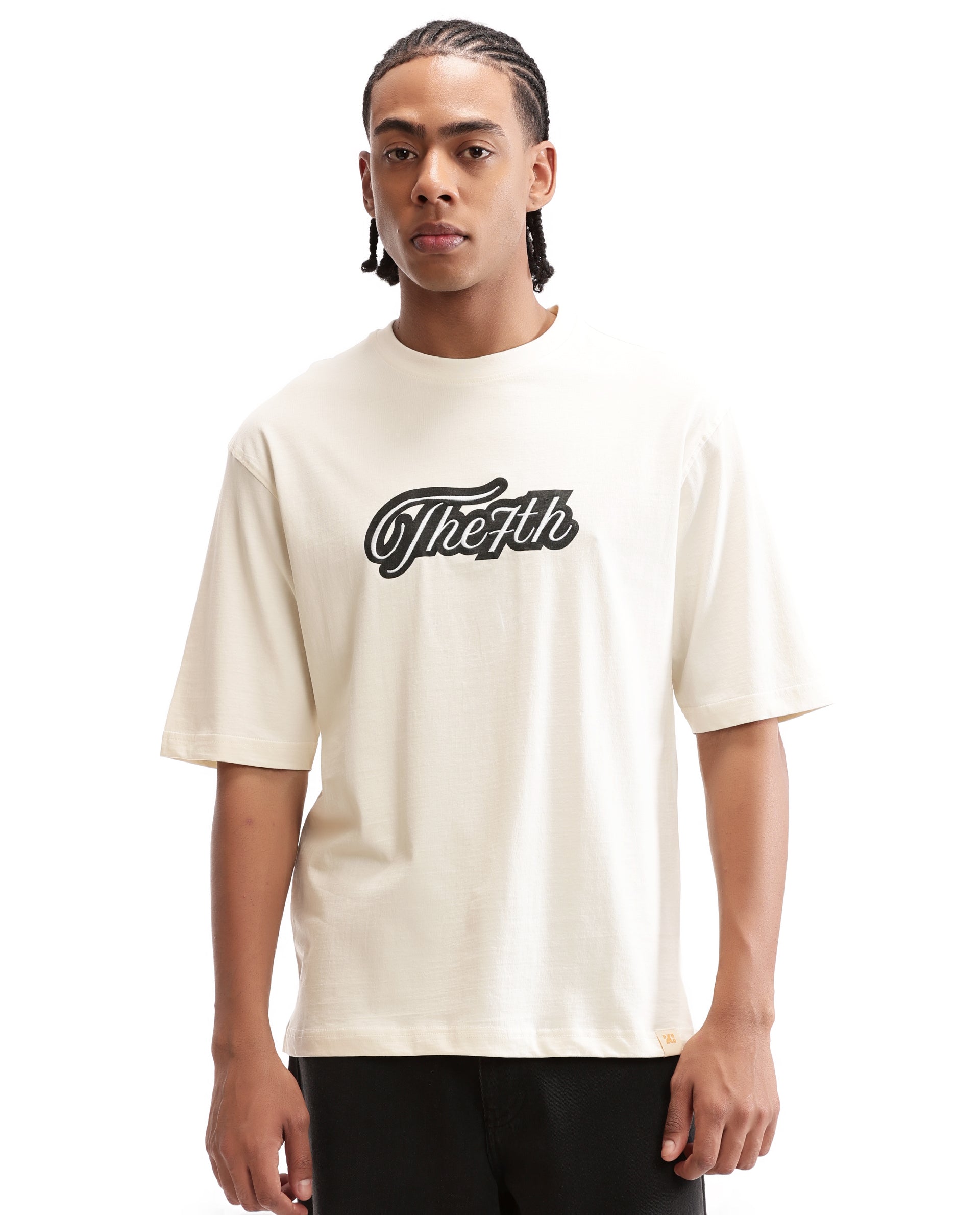Ivory White Single Jersey Crew Neck Oversized T-Shirt with Black Print & Pure White 7C Embroidery
