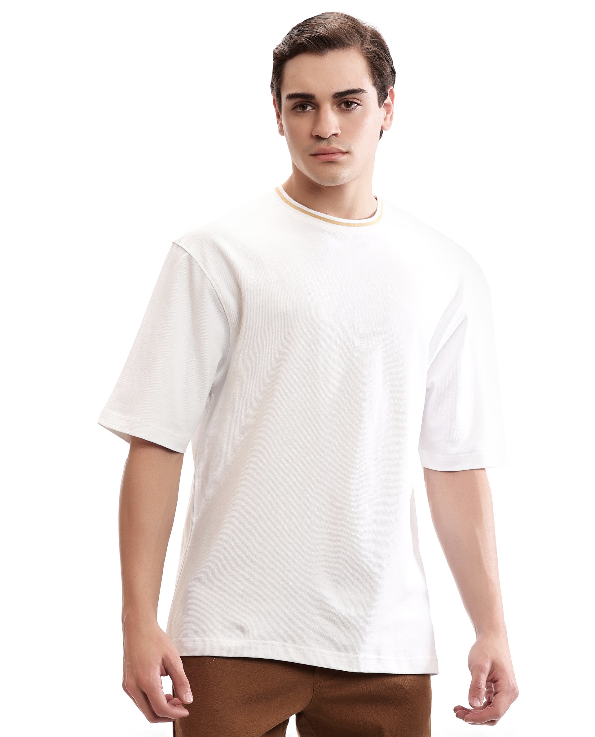 Pure White Pique Crew Neck Oversized T-Shirt with Camel Beige Piping