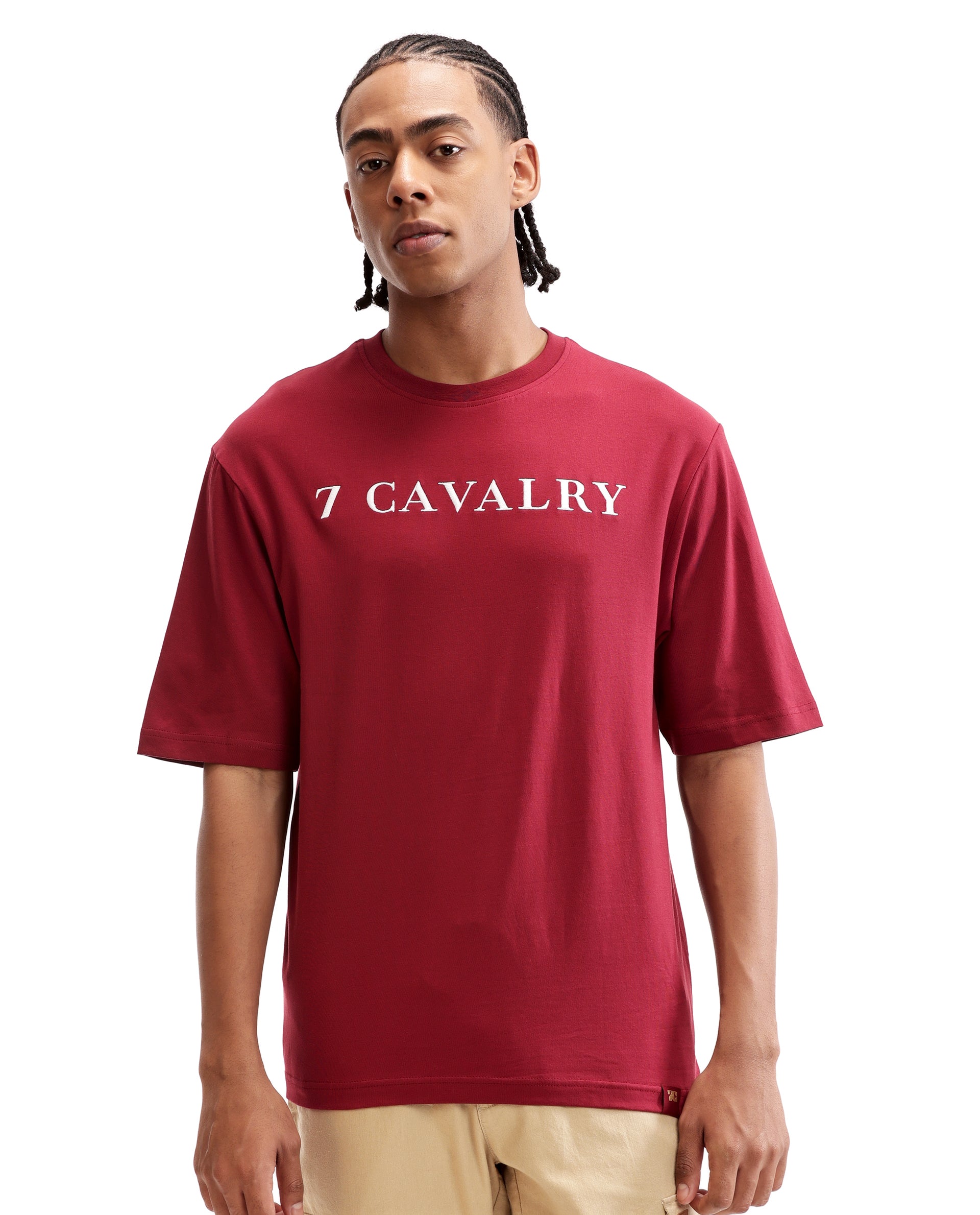 Bordeaux Maroon Single Jersey Crew Neck Oversized T-Shirt with Pure White Embroidery