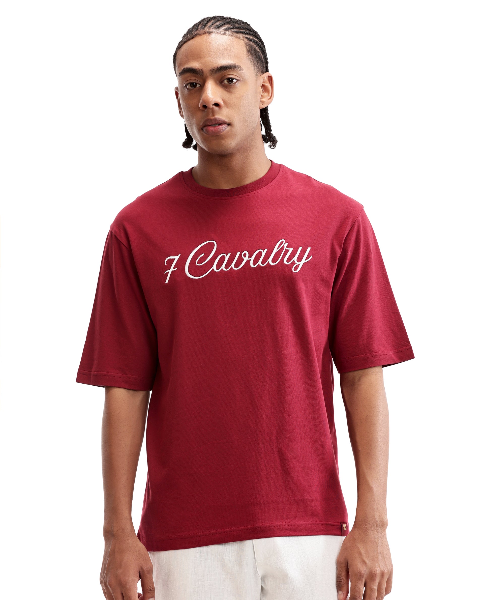 Bordeaux Maroon Single Jersey Crew Neck Oversized T-Shirt with Pure White Embroidery