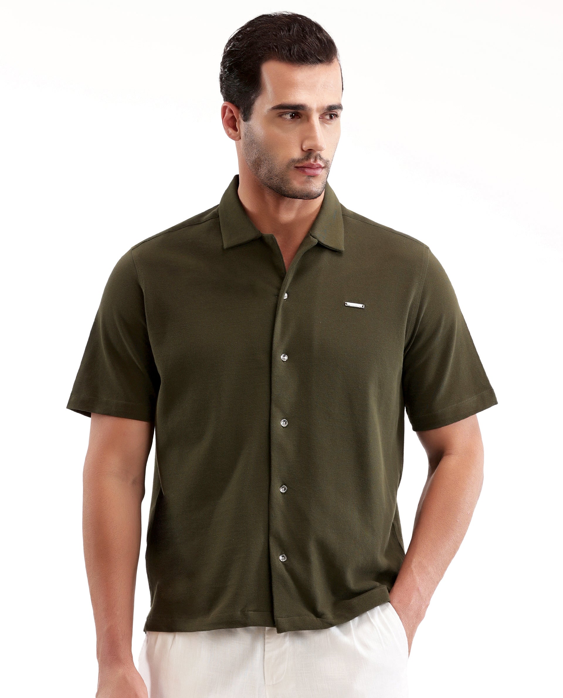 Vintage Olive Pique Knit Shirt with 7C Metal Buttons, Gun Metal Badge