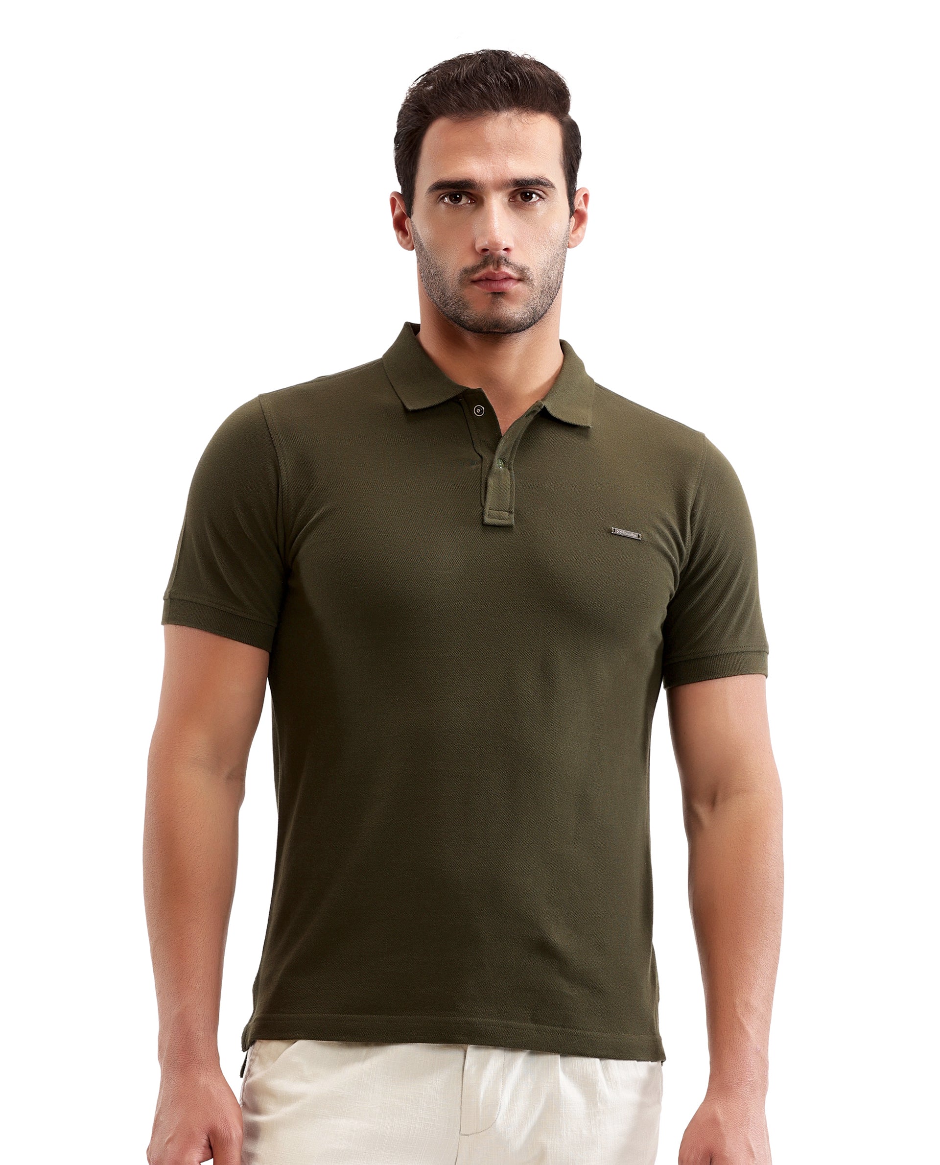 Vintage Olive Pique Polo with 7C Snap Buttons, Metal Badge