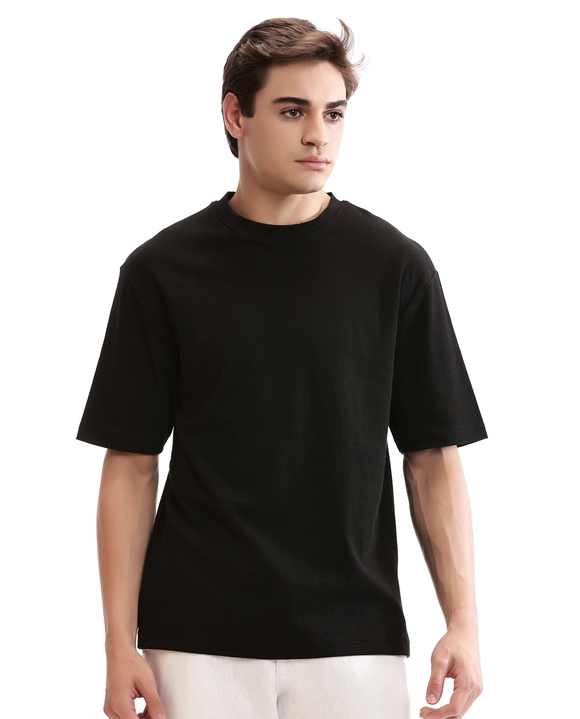 Charcoal Black Knitted Waffle Crew Neck Oversized T-Shirt