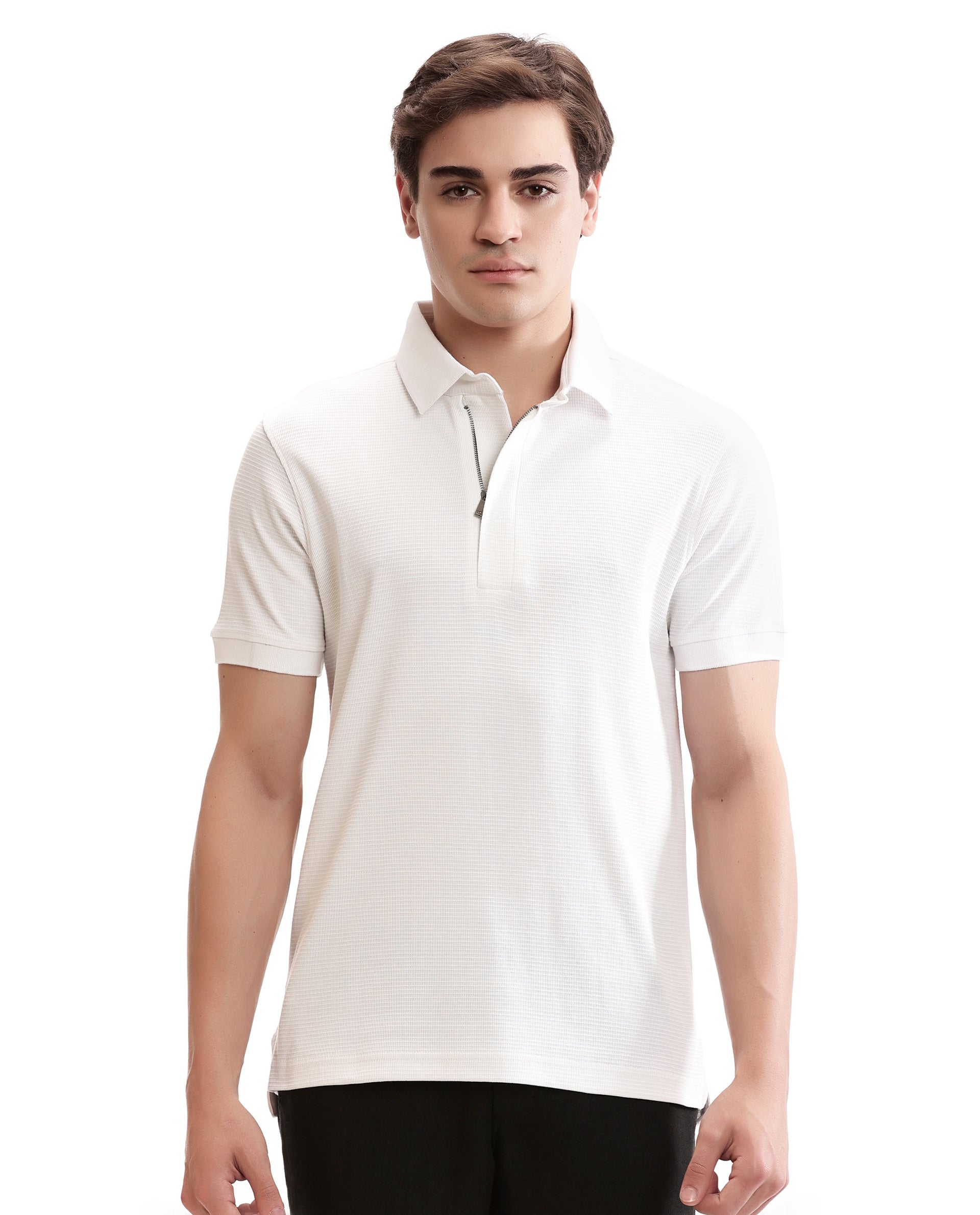 Pure White Knitted Waffle Polo with 7C Metal Zip