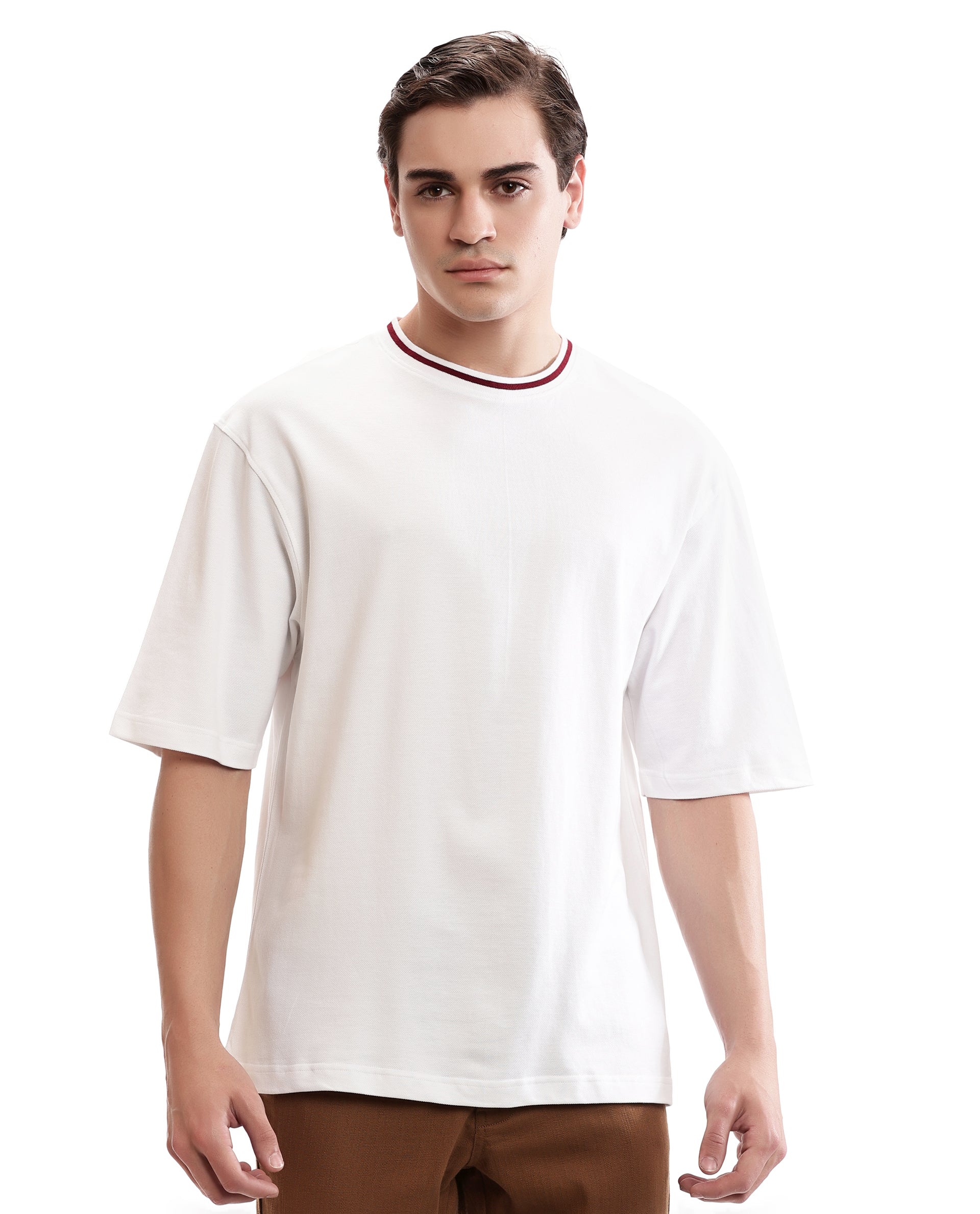 Pure White Pique Crew Neck Oversized T-Shirt with Bordeaux Maroon Piping