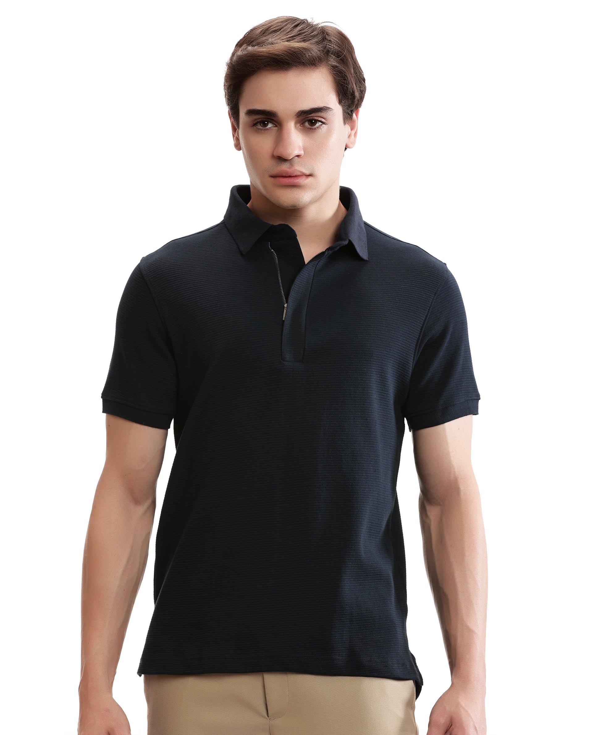 Midnight Navy Blue Knitted Ottoman Polo with 7C Metal Zip