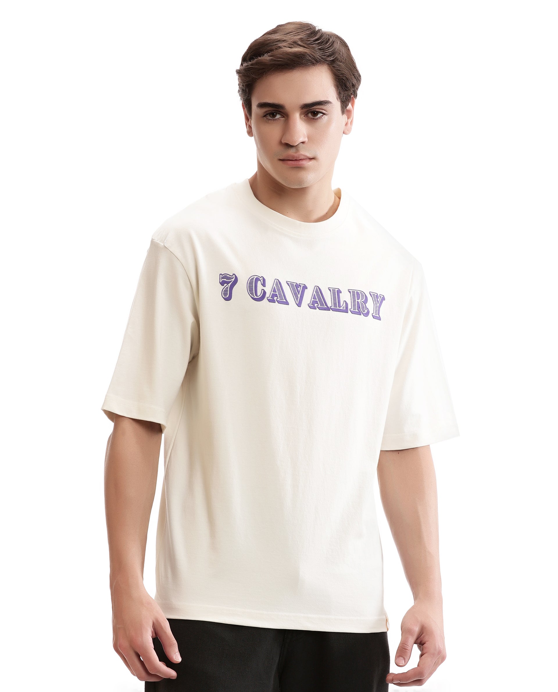 Ivory White Single Jersey Crew Neck Oversized T-Shirt with Deep Purple HD Print